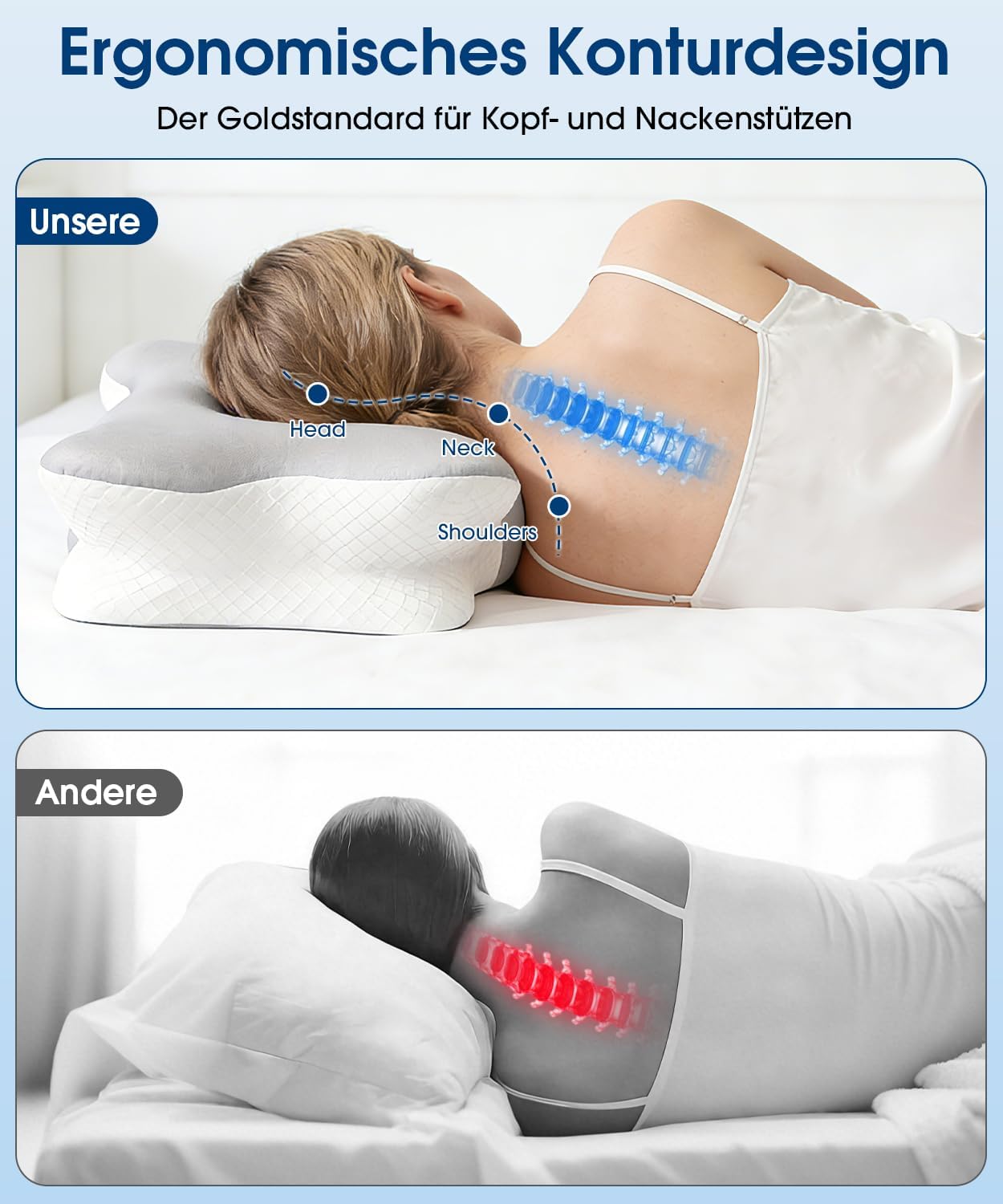 BOYUNSHI Nackenstützkissen aus Memory-Schaum, ergonomisches Kissen mit 2 kühlenden waschbaren Bezügen, 2 Höhenstufen, Schmetterlingskissen für Seiten-, Rücken- und Bauchschläfer, Seitenschläferkissen – Bild 3