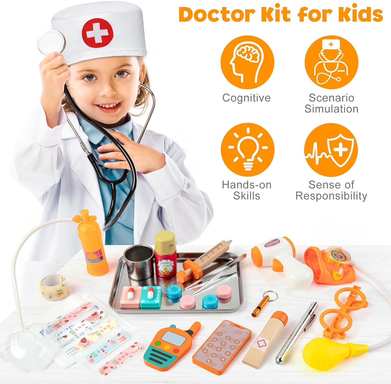 EFO SHM Kinder-Arztkoffer aus Holz, 34-teiliger Arztkoffer, Kinder mit Stethoskop, Spritze, Thermometer, tragbare Arzttasche, Rollenspiel, Kinderarztspiele Spielzeug ab 3 Jahren – Bild 4