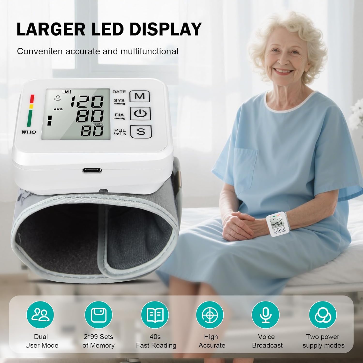 Automatisches Handgelenk-Blutdruckmessgerät mit LCD-Bildschirm und deutscher Sprachansage, Handgelenk-Blutdruckmessgerät, verstellbare Manschette (13,5–19,5 cm), digitales Blutdruckmessgerät für präzise Messwerte – Bild 3