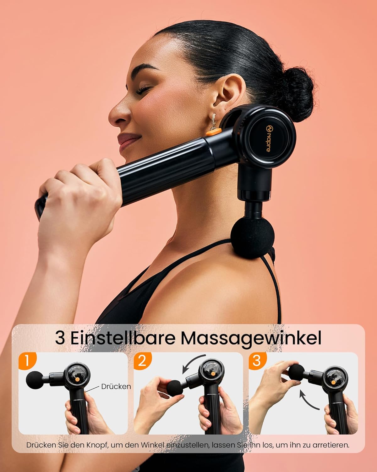 Napre Massagepistole, Massagepistole mit Verlängerungsgriff und 3 verstellbaren Winkeln, Muskel-Percussion-Massagegerät für Rücken/Nacken/Schulter-Entspannung, Handmassagegerät, Schwarz – Bild 2