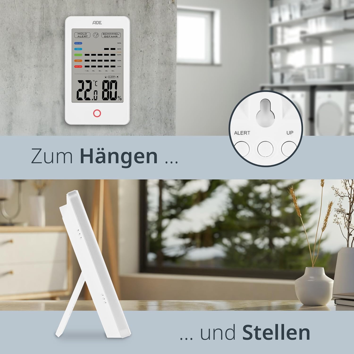 ADE Digitales Hygrometer für den Innenbereich mit Schimmelalarm | Feuchtigkeitsmesser mit Thermometer | Temperatur- und Luftfeuchtigkeitsmesser | Großes LCD-Display | Weiß – Bild 6