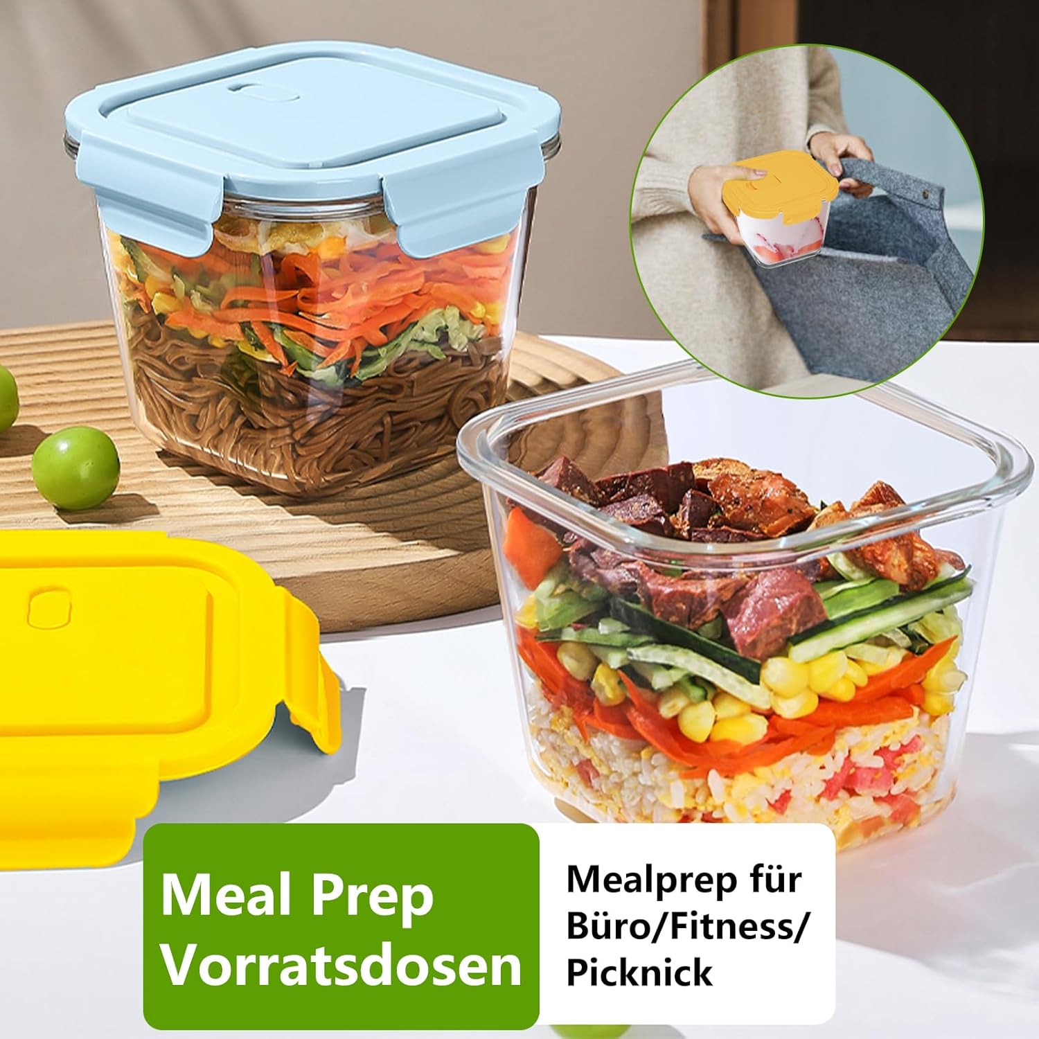 850 ml Meal-Prep-Gläser, Glasbehälter mit Deckel, luftdicht und stapelbar, Set mit 4 Vorratsgläsern, Salatschüssel, Suppe, Lebensmittelbehälter für Büro, Picknick, spülmaschinenfest und mikrowellengeeignet – Bild 5