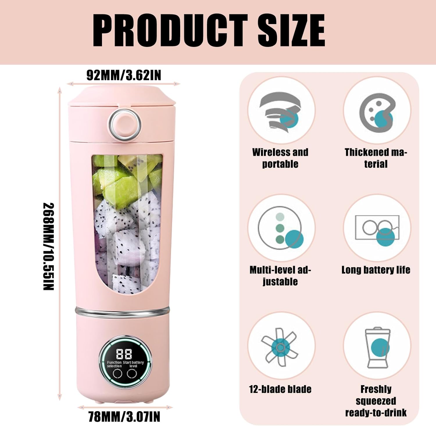 Kleiner tragbarer Mixer, 700 ml Maker to Go Mini-Standmixer, tragbarer Mixer mit 12 Klingen aus Edelstahl und Digitalanzeige, USB wiederaufladbar, kleiner Entsafter für Smoothies, Shakes – Reisen, Büro, Sport (Pink) – Bild 2