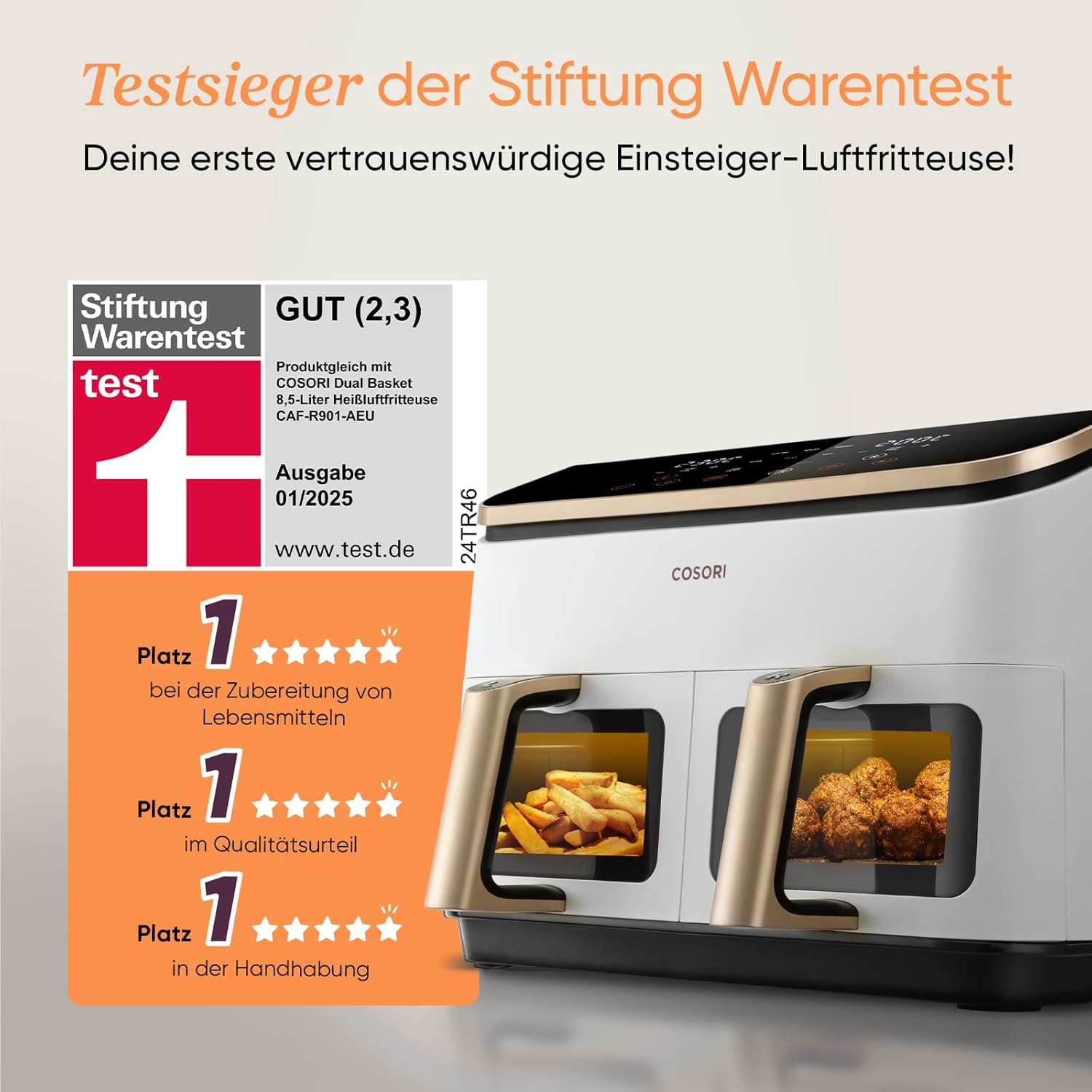 COSORI Heißluftfritteuse 2 Kammern, Testsieger der Stiftung Warentest, 8,5 L 6-in-1 Airfryer mit Sichtfenster, Schwarz/Weiß – Bild 2