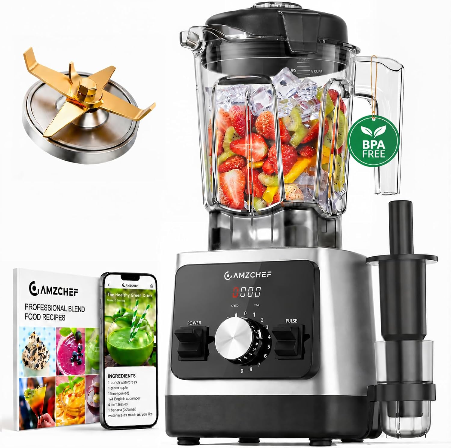 AMZCHEF Smoothie Maker 1800 W Standmixer Mixer, Hochleistungsmixer mit 2L Tritan-Behälter (BPA-frei), 6 Edelstahlklingen, Mixer für Smoothies, Shakes & Proteinshakes, selbstreinigend