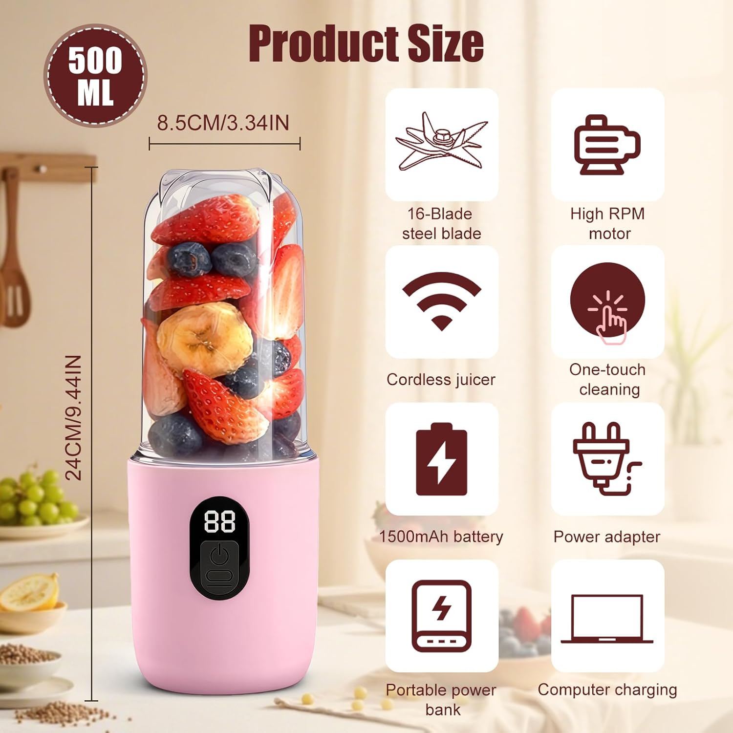 500 ml tragbarer Mixer, Smoothie Maker to Go mit Digitalanzeige, 16 Blatt elektrischer USB-Entsafter, Mini-Mixer für Shakes und Smoothies, für Küche, Reisen, Fitnessstudio, Pink – Bild 2