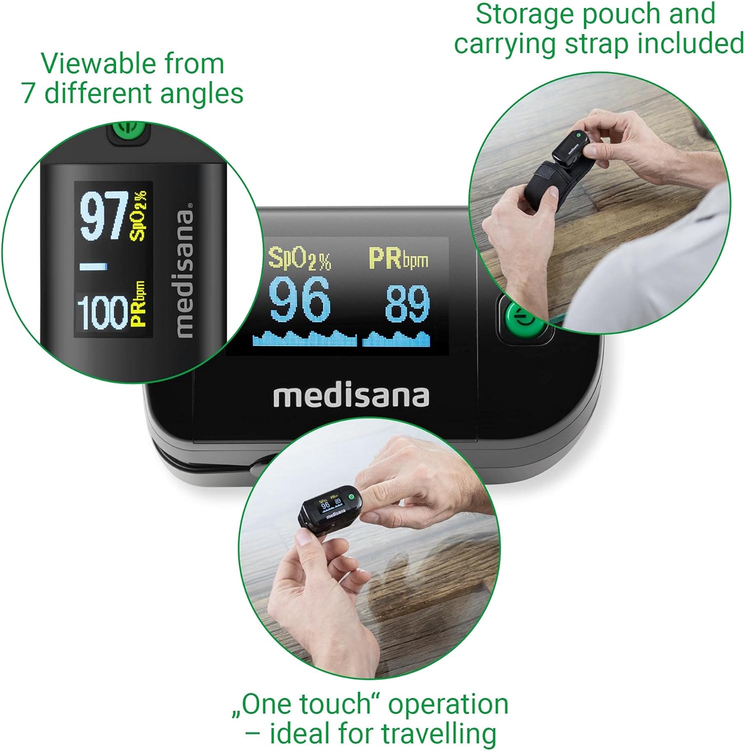 Medisana PM 100 Pulsoximeter, Messung der Sauerstoffsättigung im Blut, Fingerpulsoximeter mit OLED-Display und One-Touch-Bedienung in Schwarz – Bild 5