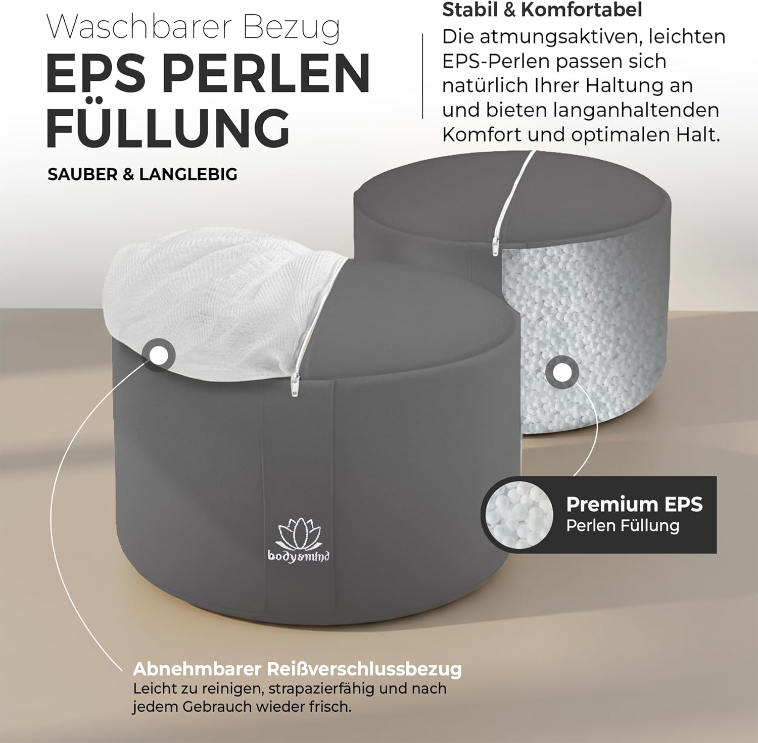 Body & Mind® Yogakissen Meditationskissen Bodensitzkissen Auflage für Meditation & Yoga; Waschbarer Bezug und atmungsaktive Premium-Füllung; 18 cm Sitzhöhe – Bild 2