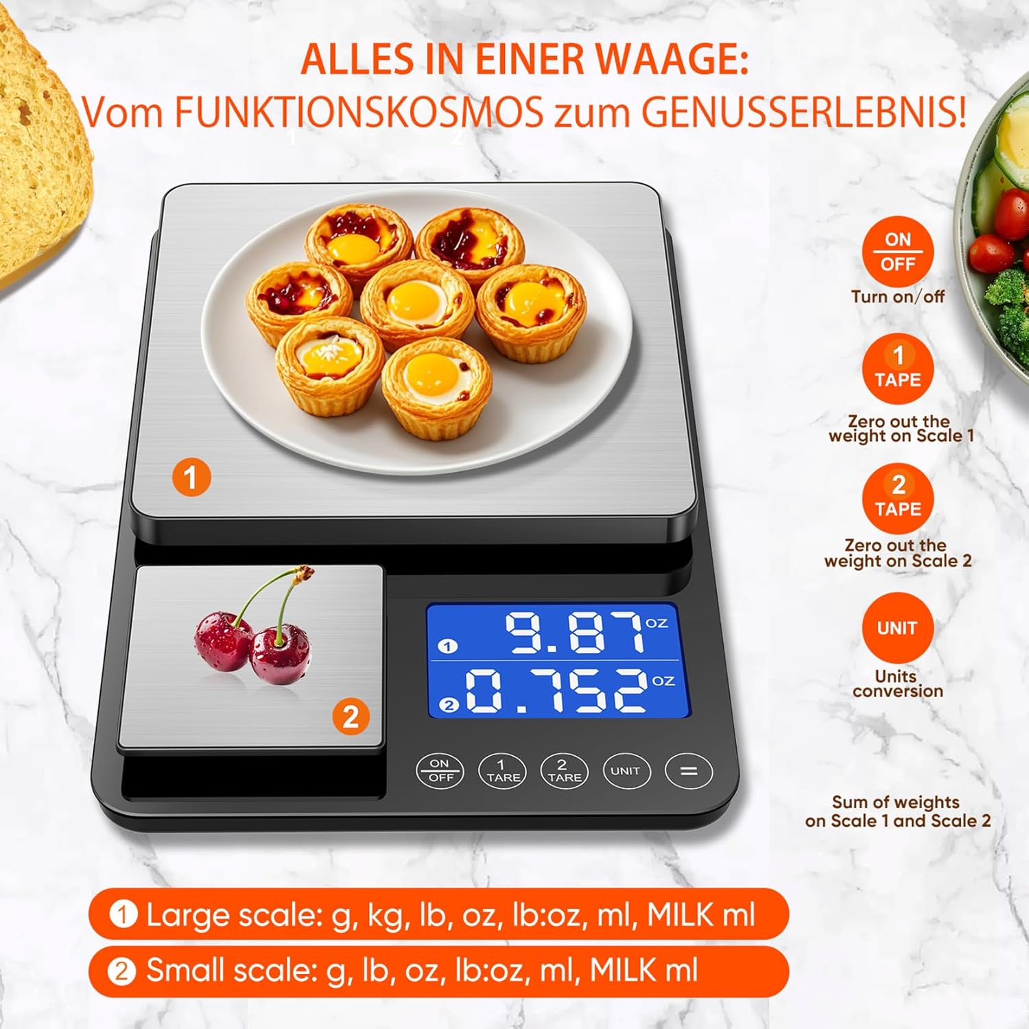 Digitale Küchenwaage mit Doppelplattform, präzise Messung von 500 g/0,01 g und 15 kg/1 g, Tara- und Summierfunktion, 7 Einheiten Lebensmittelwaage zum Kochen, Backen, für Fitness-Mahlzeiten und für den professionellen Küchengebrauch – Bild 3