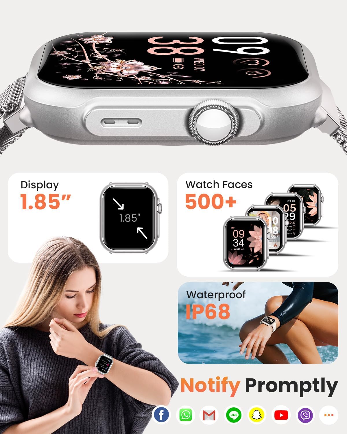 Damen-Smartwatch mit Telefonfunktion, 1000-mAh-Akku, 100 Tage Standby, 1,83-Zoll-Fitnessuhr mit Herzfrequenz, SpO2, Schlafüberwachung, 120+ Sport-Mod, IP68-Smartwatch, Schrittzähler für Android iOS – Bild 7