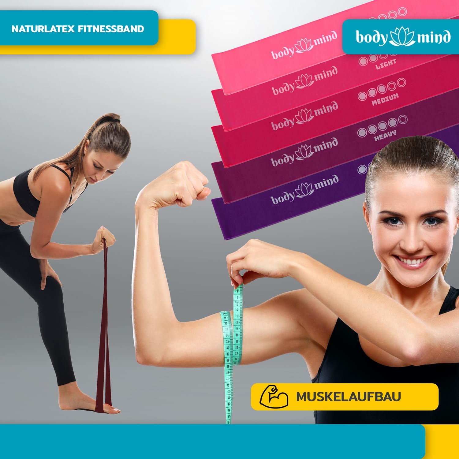 Body & Mind® Fitnessbänder 5 Stück Widerstandsbänder in 5 Stufen, Widerstandsbänder Trainingsbänder Gymnastikbänder 5er Set für Muskelaufbau, Yoga, Pilates & Work-Out; Sportband 100 % Latex – Bild 8