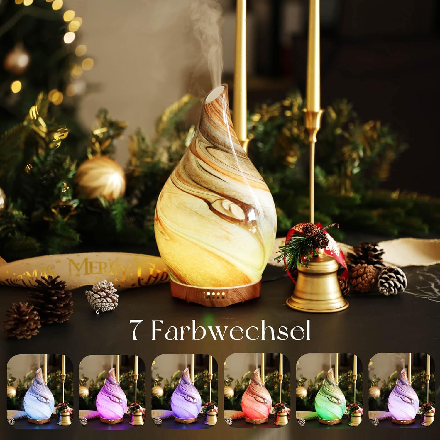 Porseme Aromadiffusor 280 ml, Luftbefeuchter aus mundgeblasenem Glas, Ultraschall-Aromatherapie-Öldiffusor mit 7 farbigen LED-Lichtern, Diffusor für ätherische Öle mit Timer, BPA-frei für Zuhause (Deep Desert) – Bild 3