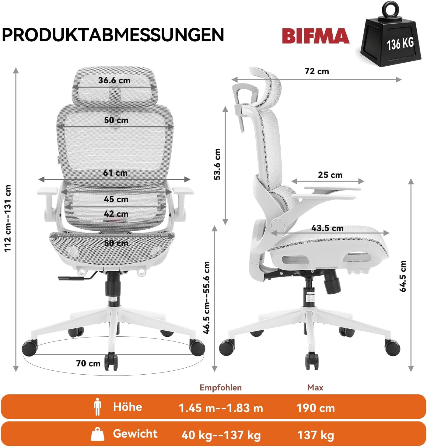SIHOO Ergonomischer Bürostuhl mit dynamischer 4D-Lendenwirbelstütze, breiter Kopfstütze und klappbaren Armlehnen, 90–135° neigbar, Weiß – Bild 2