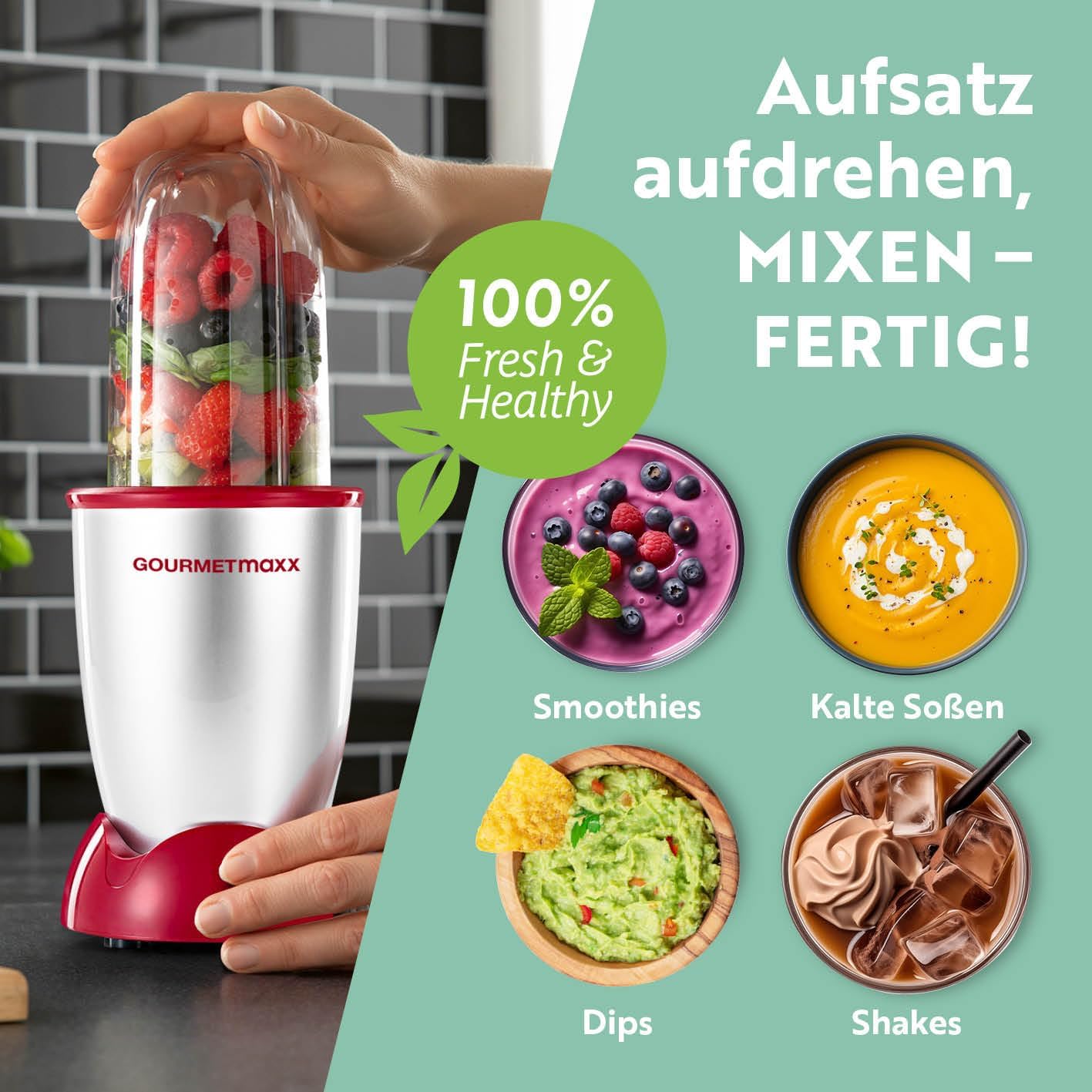 GOURMETmaxx Mr. Magic 4-teiliger Mixer, Smoothie-Maker mit 400-W-Power-Basis, inklusive Kreuzmesseraufsatz, 500-ml-Becher und To-Go-Deckel, kompakter Standmixer für Shakes und mehr – Bild 5