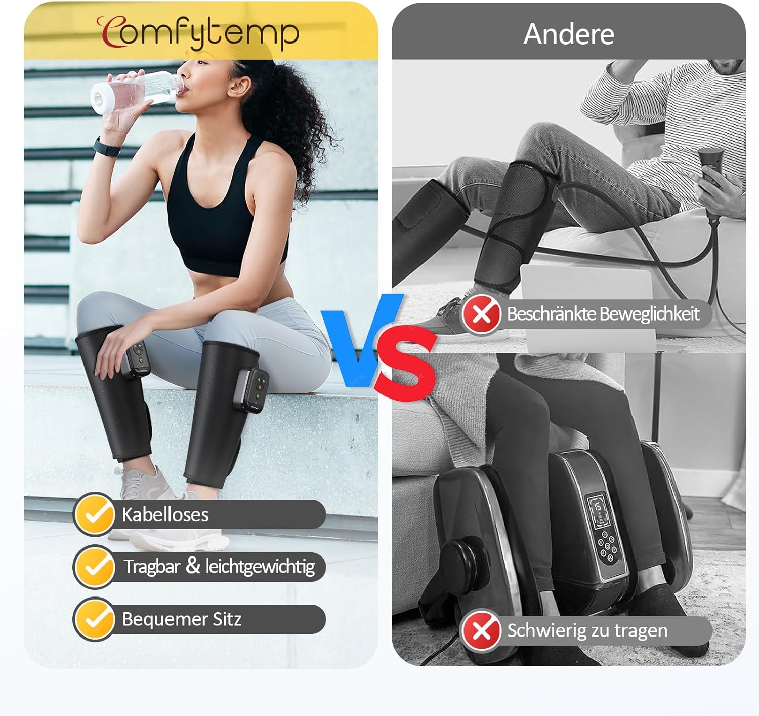 Comfytemp Kabelloses Beinmassagegerät (2 Stück), Luftkompressionsmassage mit Heizung für Beine, Waden, Unterschenkel, 45 x 33 cm, Massagegerät mit DIY, Steuerung per Knopfdruck und App, 2500 mAh Akku – Bild 7