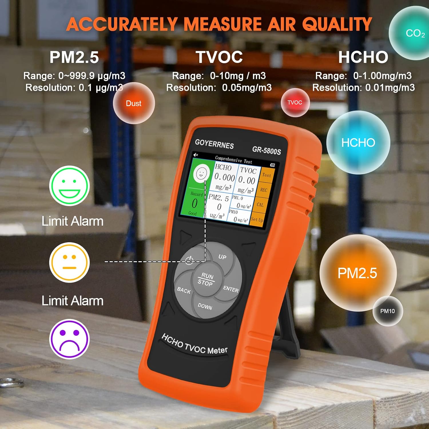 Luftqualitätsmonitor, GR-5800S HCHO/TVOC-Detektor mit PM2,5-Partikelzähler, multifunktionaler Luftgasdetektor mit großem LCD-Luftqualitätssensor-Analysator mit Echtzeit, Datensatz für das Heimbüro – Bild 2