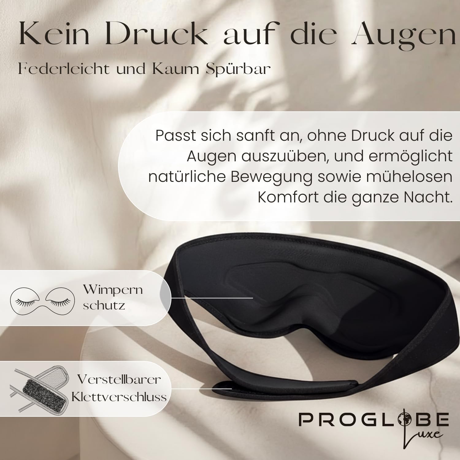 Proglobe Luxe Luxus-Schlafmaske für Rücken- und Seitenschläfer, 100 % blickdicht, 3D-Augenmaske mit druckfreien Augenhöhlen, wimpernfreundlich, weich und atmungsaktiv, Schwarz – Bild 3