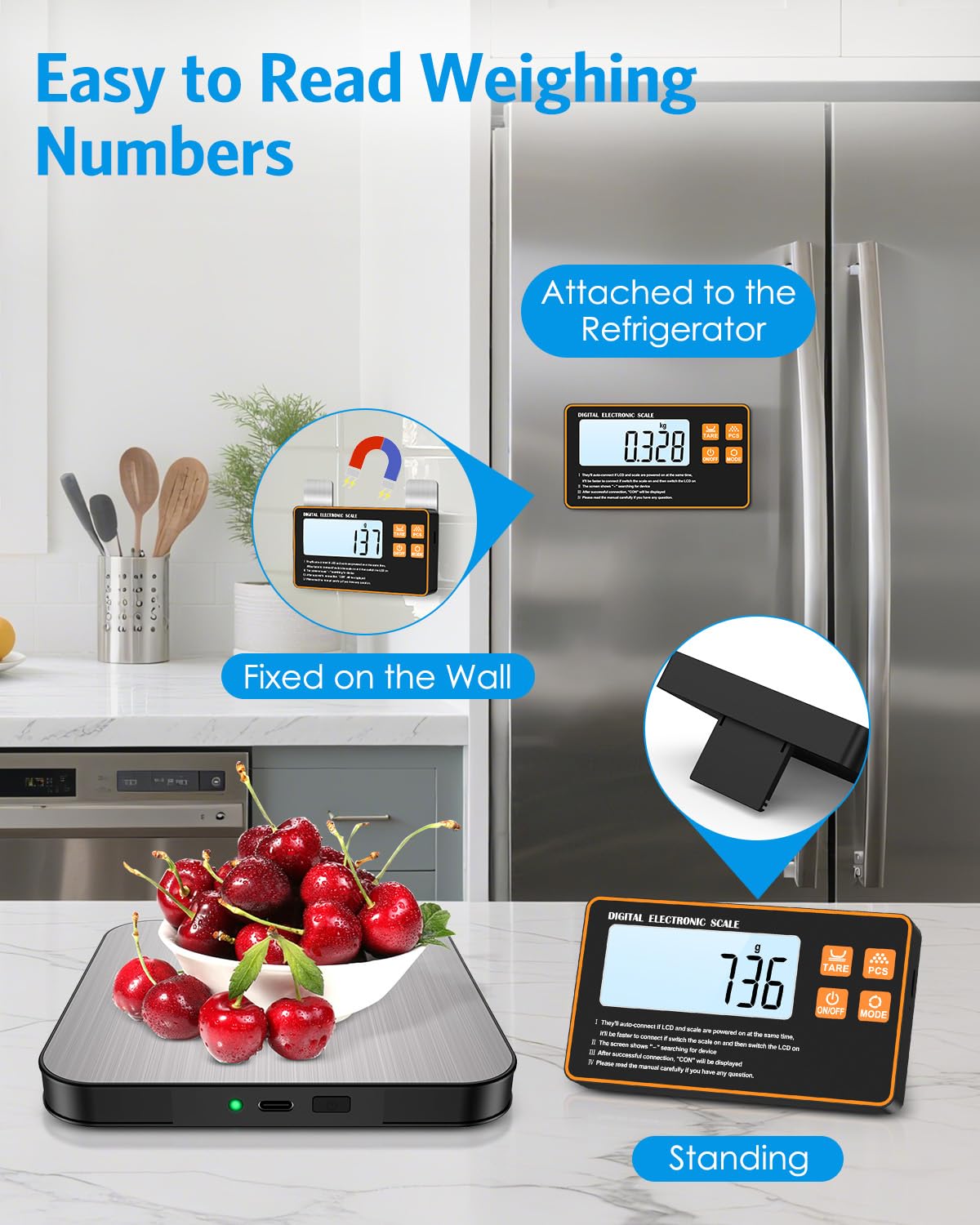 Brifit Digitale Küchenwaage 15 kg/1 g mit abnehmbarem Display – wiederaufladbare Küchenwaage mit USB-C, Edelstahloberfläche, Grammwaage für Lebensmittel, Backen, Kochen, Brief, Präzisionswaage Küche – Bild 3