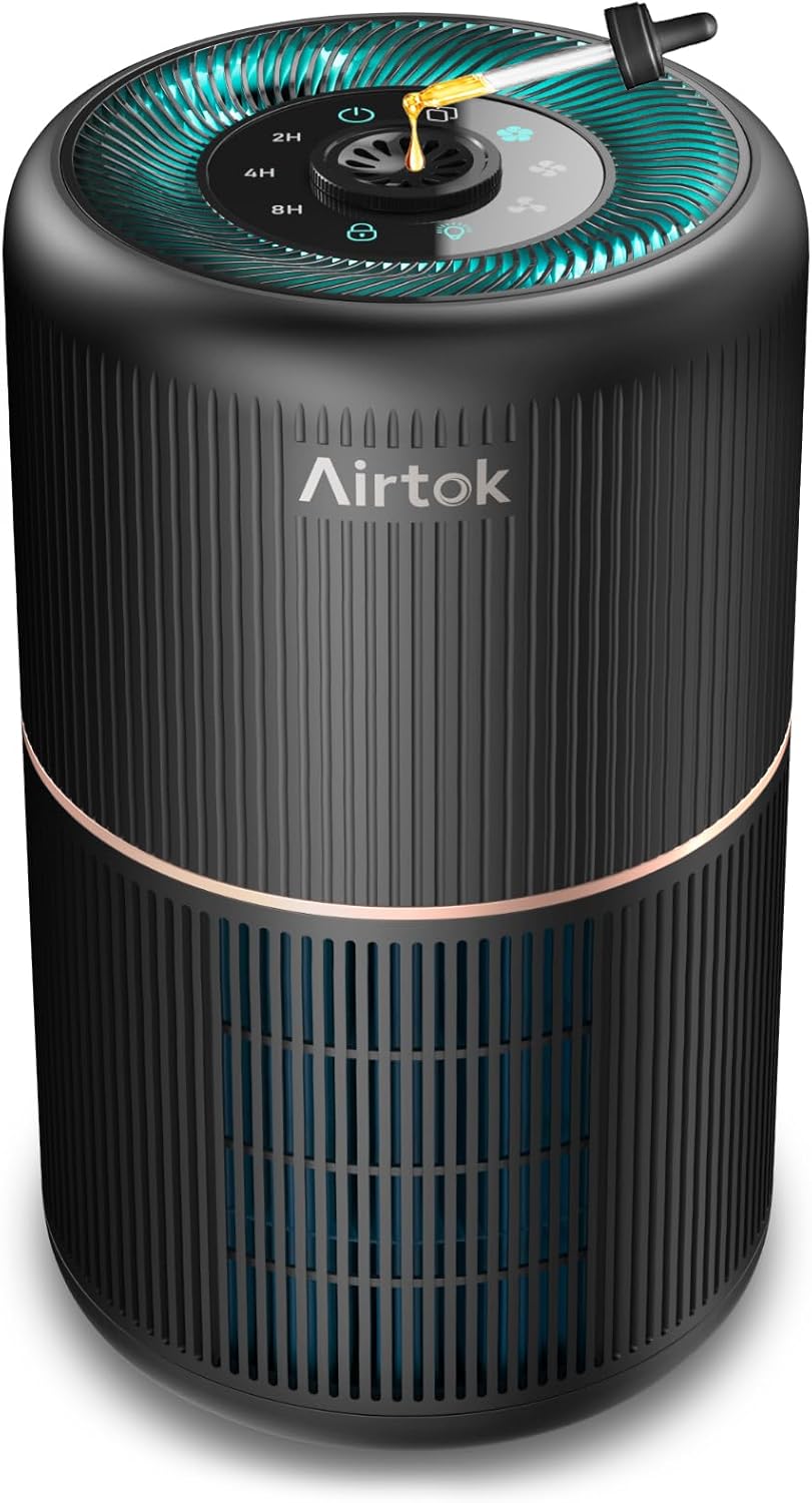 AIRTOK Luftreiniger, Luftreiniger für Allergiker mit Aromatherapie, HEPA-Luftfilter gegen Schimmel, Staub, Pollengerüche, 99,97 % Entfernung bis zu 0,1 Mikrometer, Nachtlicht, Kindersicherung, Timer, 25 dB