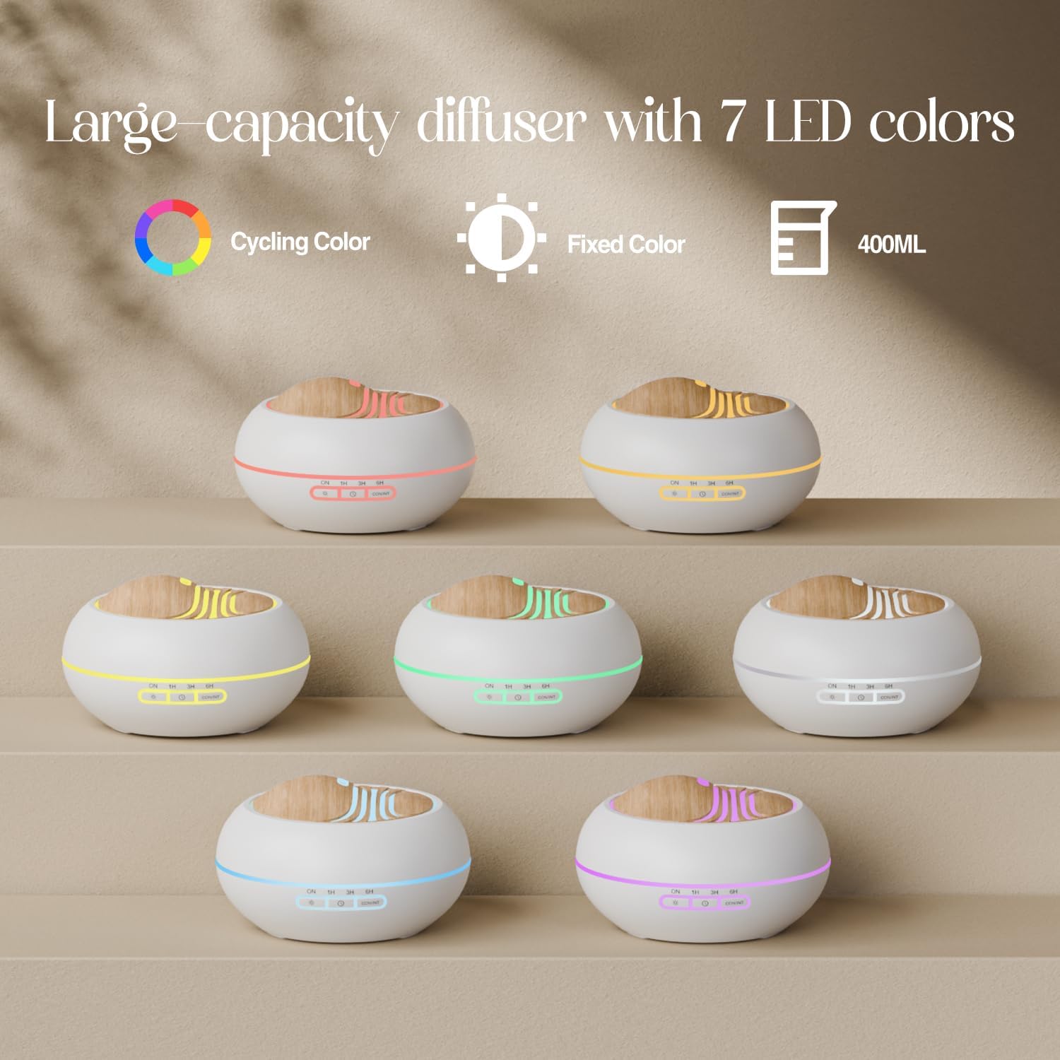 SALKING Aroma-Diffusor für ätherische Öle – 400 ml, Aromatherapie-Raumduft, Ultraschall-Diffusor, weiße Holzmaserung, Duftöl-Diffusoren, Öllampe, elektrischer Duftdiffusor RGB für Zuhause, Büro, Yoga, Schlafen – Bild 2