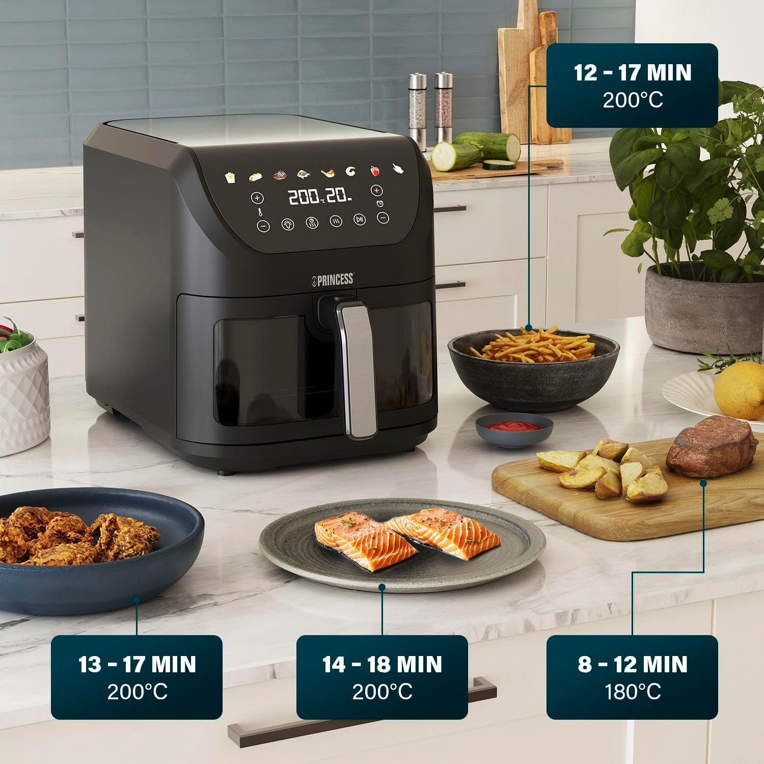 Princess SlimFry Airfryer, 8 l Fassungsvermögen, 2000 W, 8 Programme, digitaler Touchscreen, einstellbare Temperatur, Sichtfenster, automatische Abschaltung, spülmaschinenfest, 182257 – Bild 5