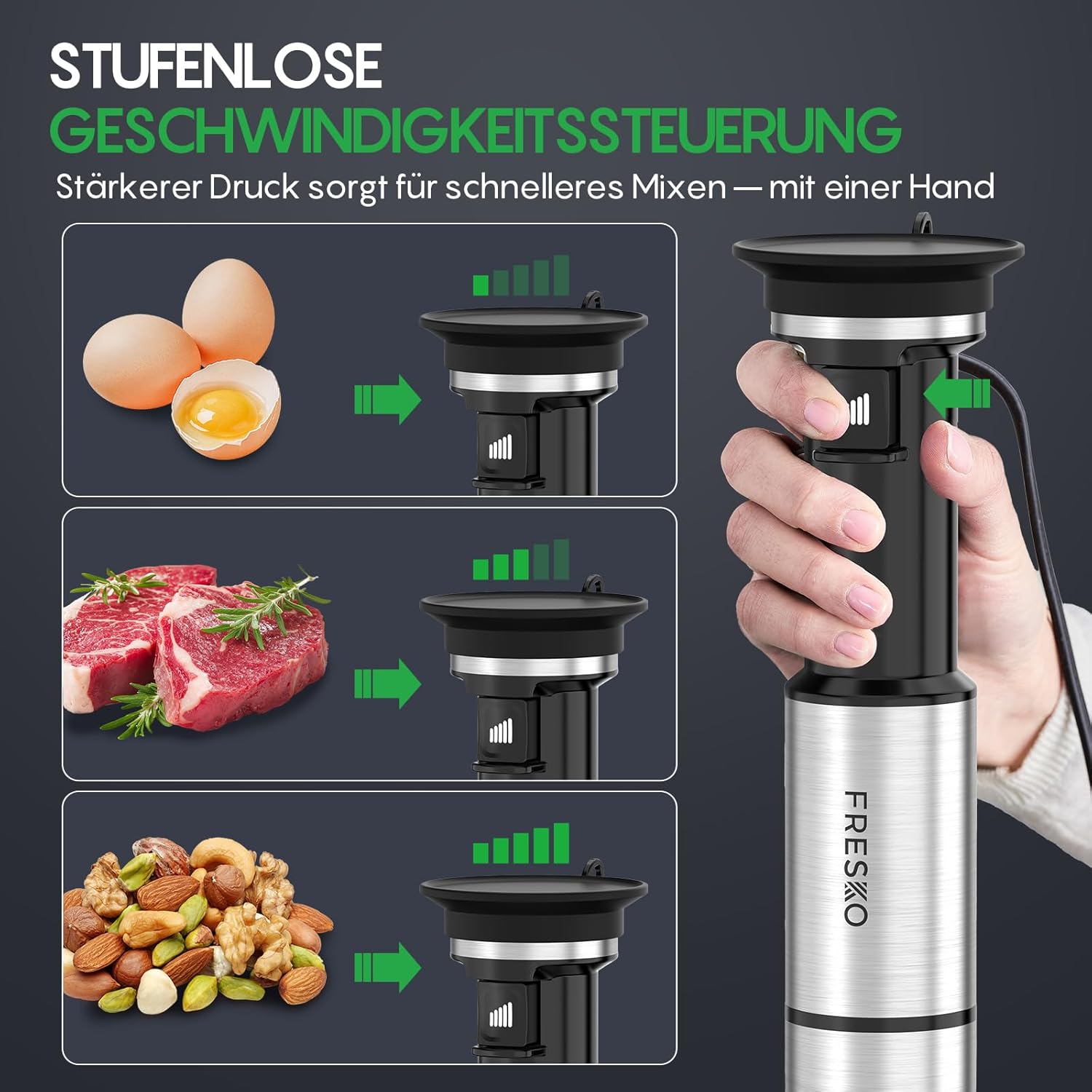 FRESKO Stabmixer 1000 W mit Zubehörset, Pürierstab aus Edelstahl inklusive Schneebesen, 500 ml Lebensmittelzerkleinerer, Messbecher mit Deckel und Schutzhülle, stufenlose Geschwindigkeiten für Smoothies, Suppe – Bild 4