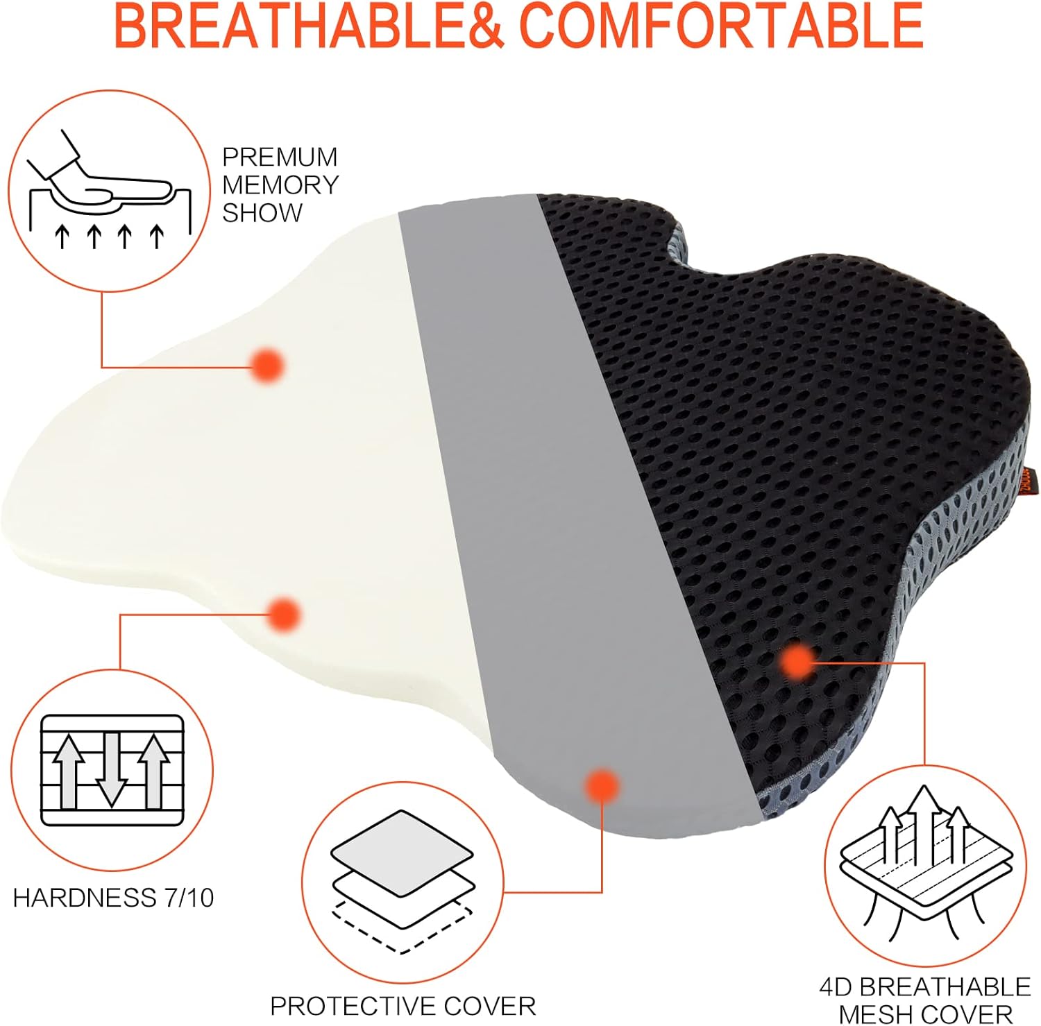 ZHOOGE Keilkissen Autositz, Keilkissen für Auto, Autositzkissen, Memory-Schaum-Keilkissen, ergonomisches Memory-Schaum-Kissen für Auto, Bürostuhl, Bett, Schwarz – Bild 3