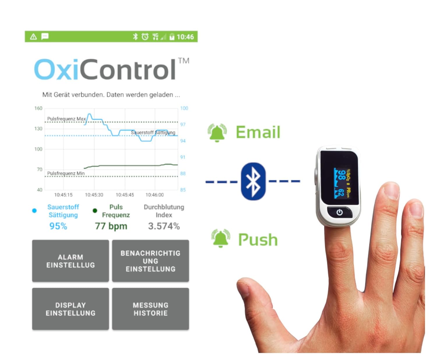 MC21 Pulsoximeter mit Benachrichtigungen über die Android-App OxiControl, Messung von Sauerstoffsättigung, Herzfrequenz und Perfusionsindex, App sendet E-Mails bei Abweichung von definierten Werten – Bild 2