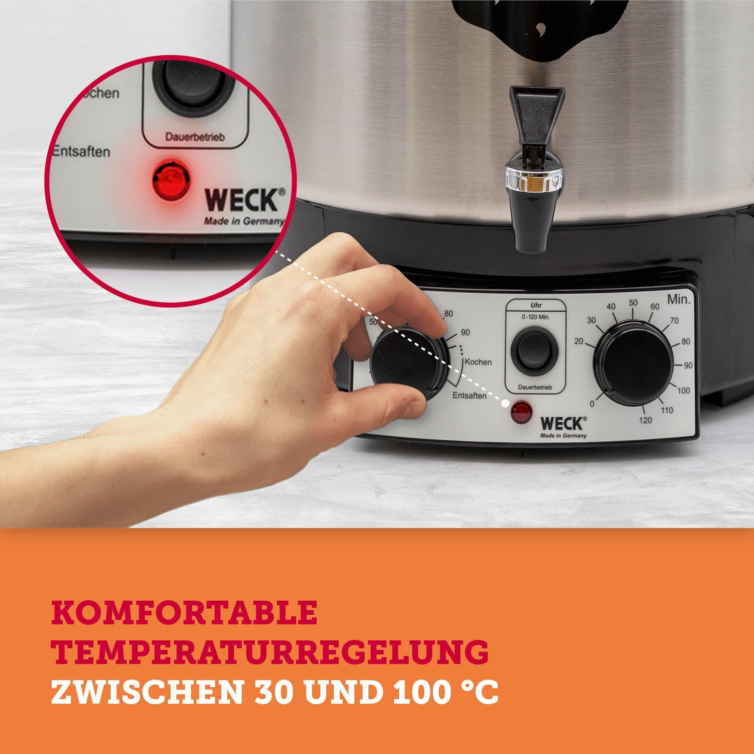 WECK WAT25-A Einkochautomat aus Edelstahl mit Präzisionsthermostat, Auslaufhahn & Timer – 30 L Einkochtopf, Glühweinkocher, Dampfentsafter, Einkochautomat – Made in Germany, hochwertig & vielseitig einsetzbar – Bild 3