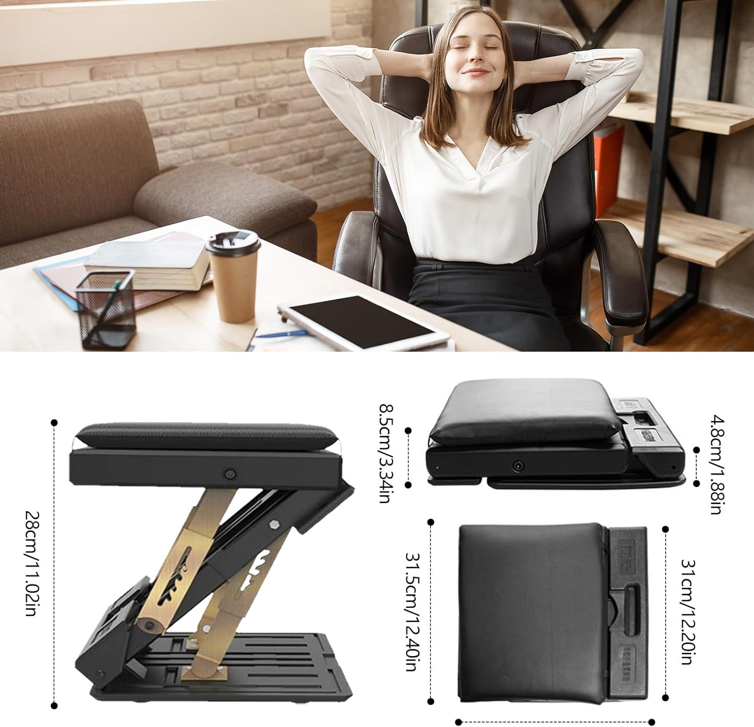 Fußstützen-Schreibtisch, verstellbarer Fußhocker, ergonomischer Fußhocker, abnehmbare Büro-Fußstütze, Fußstütze mit Massage und weichem Sitzkissen für Auto, Büro, Zuhause, Reisen (schwarz) – Bild 2