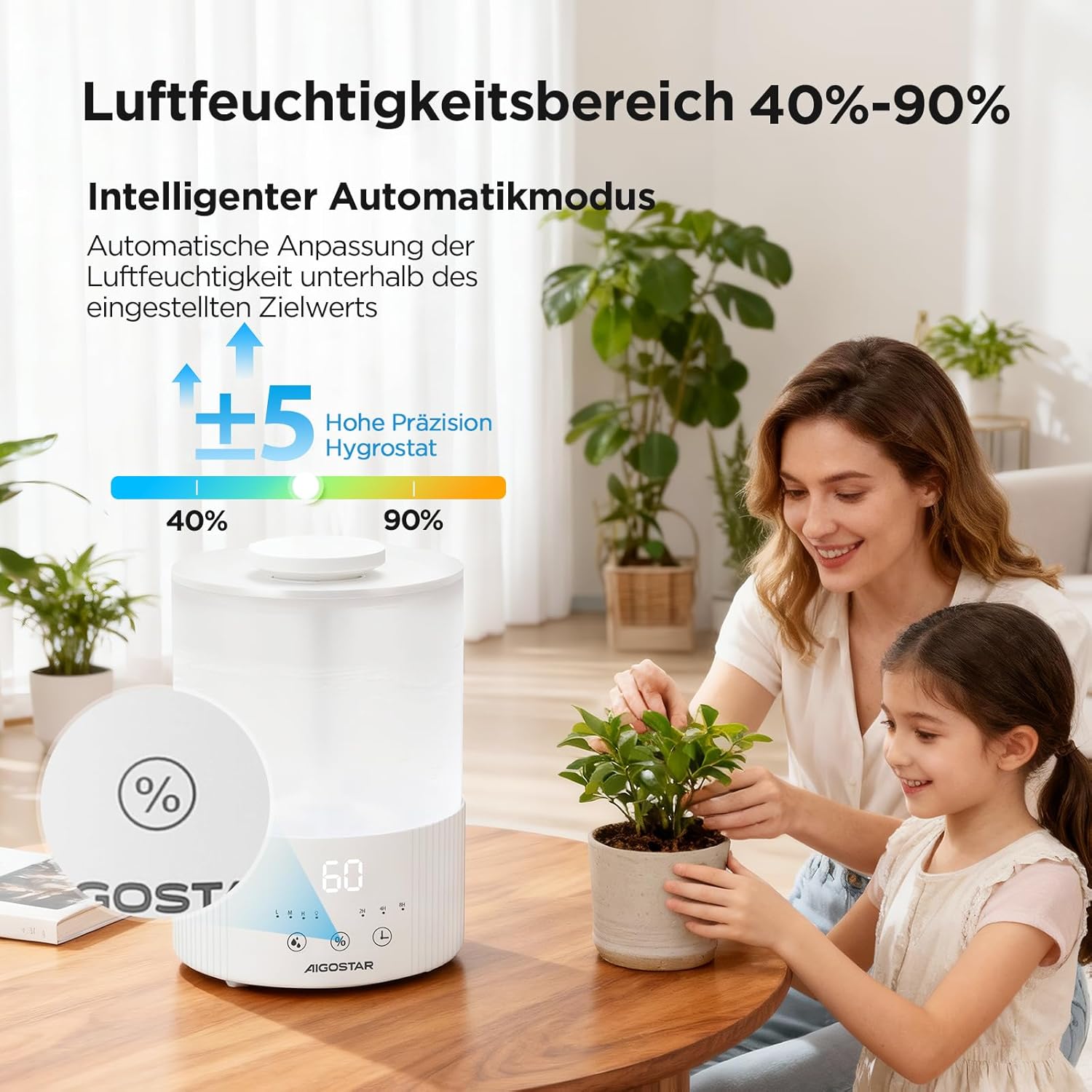 Aigostar Schlafzimmer-Luftbefeuchter mit Hygrometer – 2,5 l Ultraschall-Raumbefeuchter, 28 dB leise, Aromadiffusor für ätherische Öle, 3 Nebelstufen und Timer – für Baby, Pflanzen und Büro – Bild 4