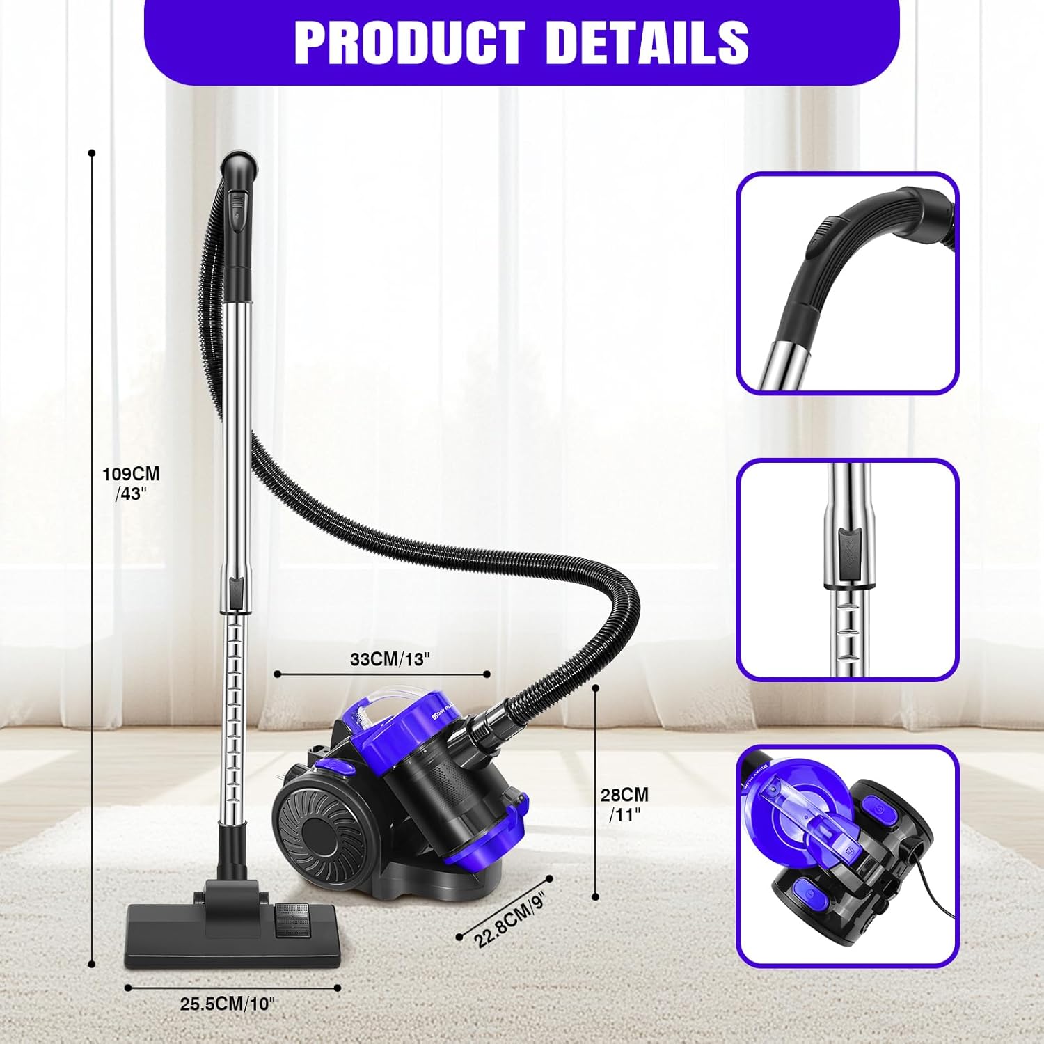 EFAN Beutelloser Staubsauger mit HEPA-Filter, 1000 W Hochleistungsmotor, leistungsstark, kompakt und leicht, für Hartböden und Teppiche, 1,5 l, Blau – Bild 2