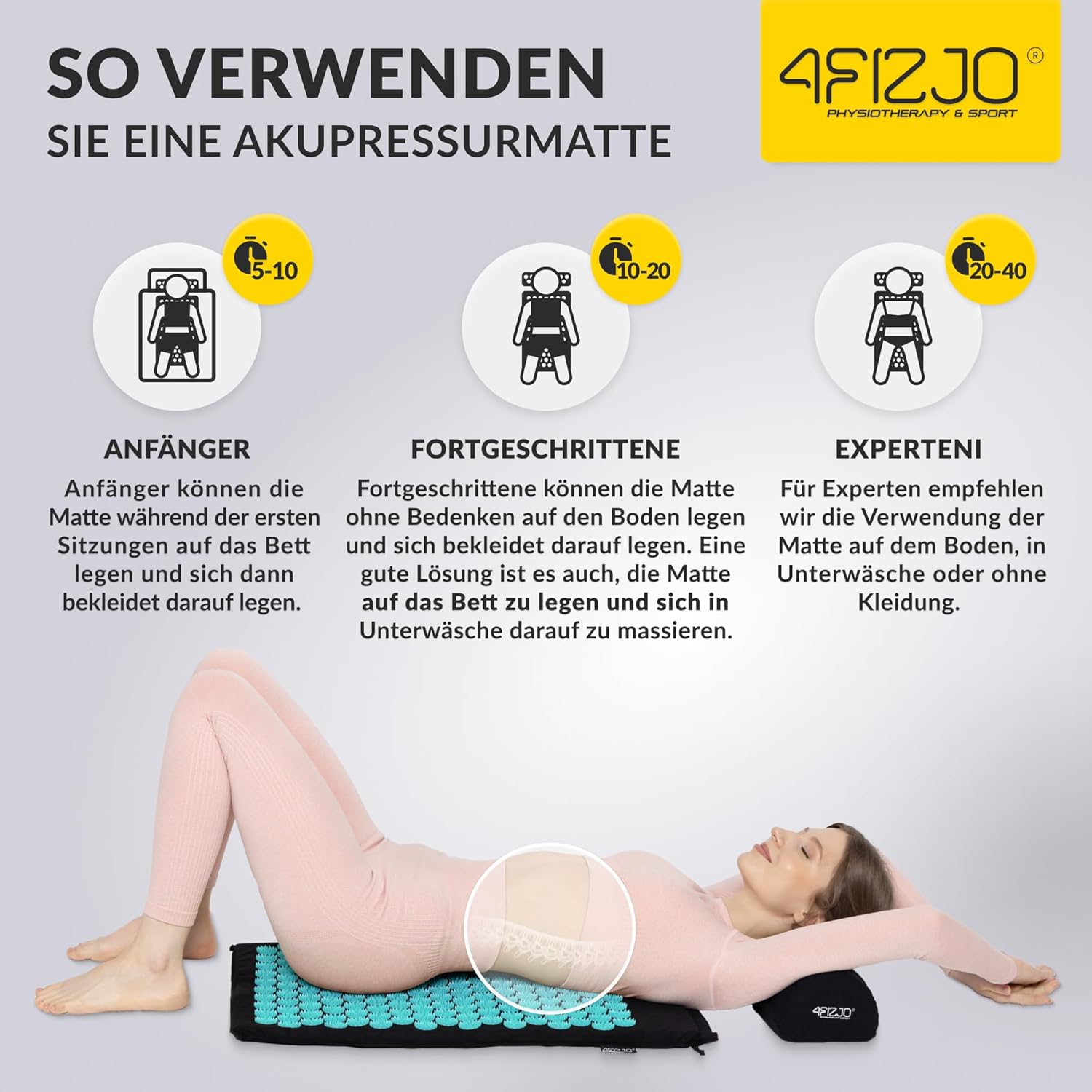 4FIZJO Akupressurmatte & Kissen, 68x42x2 cm, mit Tragetasche, Polyurethanschaum, Hypoallergen, 9618 Stacheln, Massagematte für bessere Durchblutung, Muskeln Entspannung, Farbe: Schwarz und Blau – Bild 9