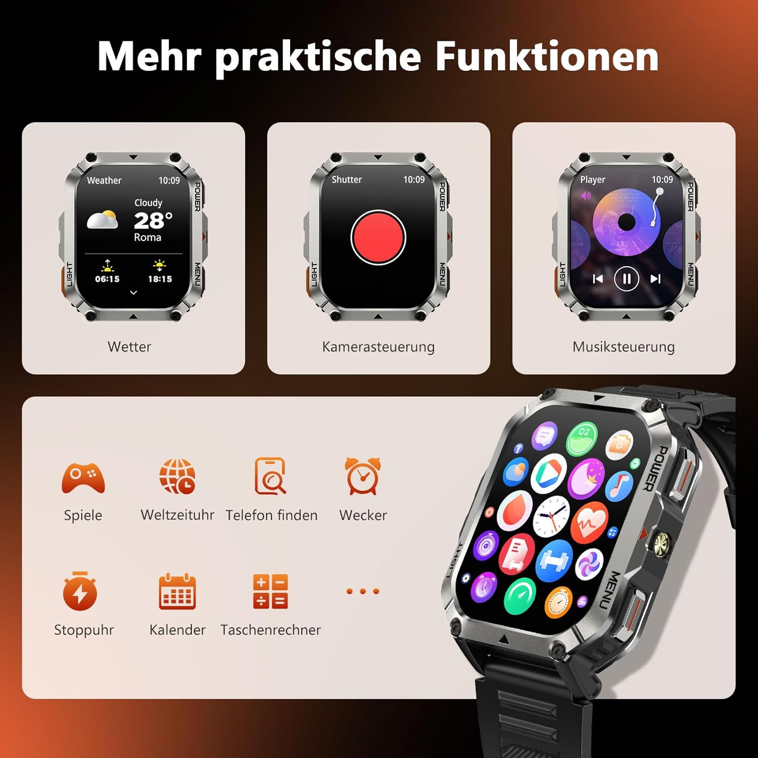 Blackview 900 mAh Herren-Smartwatch, Bluetooth-Anrufe/Kompass/LED-Beleuchtung/2 Armbänder (Silikon/Nylon), Sportuhr mit Puls-Schlaf-Schritten-Kalorien-Kilometer-Monitor, Fitness-Uhr für Android iOS – Bild 9