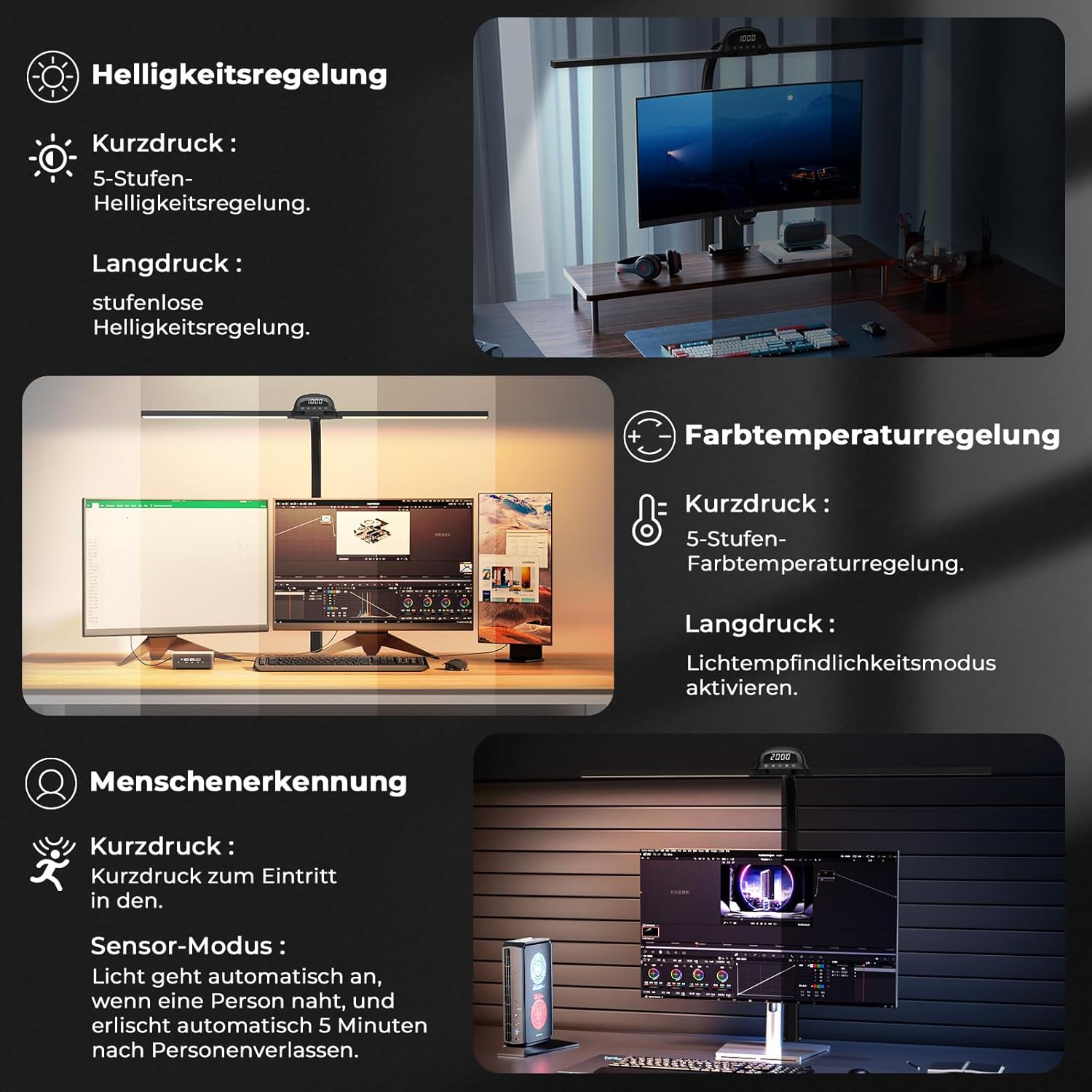 Schreibtischlampe LED Tischlampe Klemmbar 90cm CRI≥95 3100K-7600K Dimmbar Tageslichtlampe Doppelkopf Schreibtischlampe Schwanenhals Schreibtisch Leselampe Monitorlampe Fernbedienung für Home Office – Bild 4