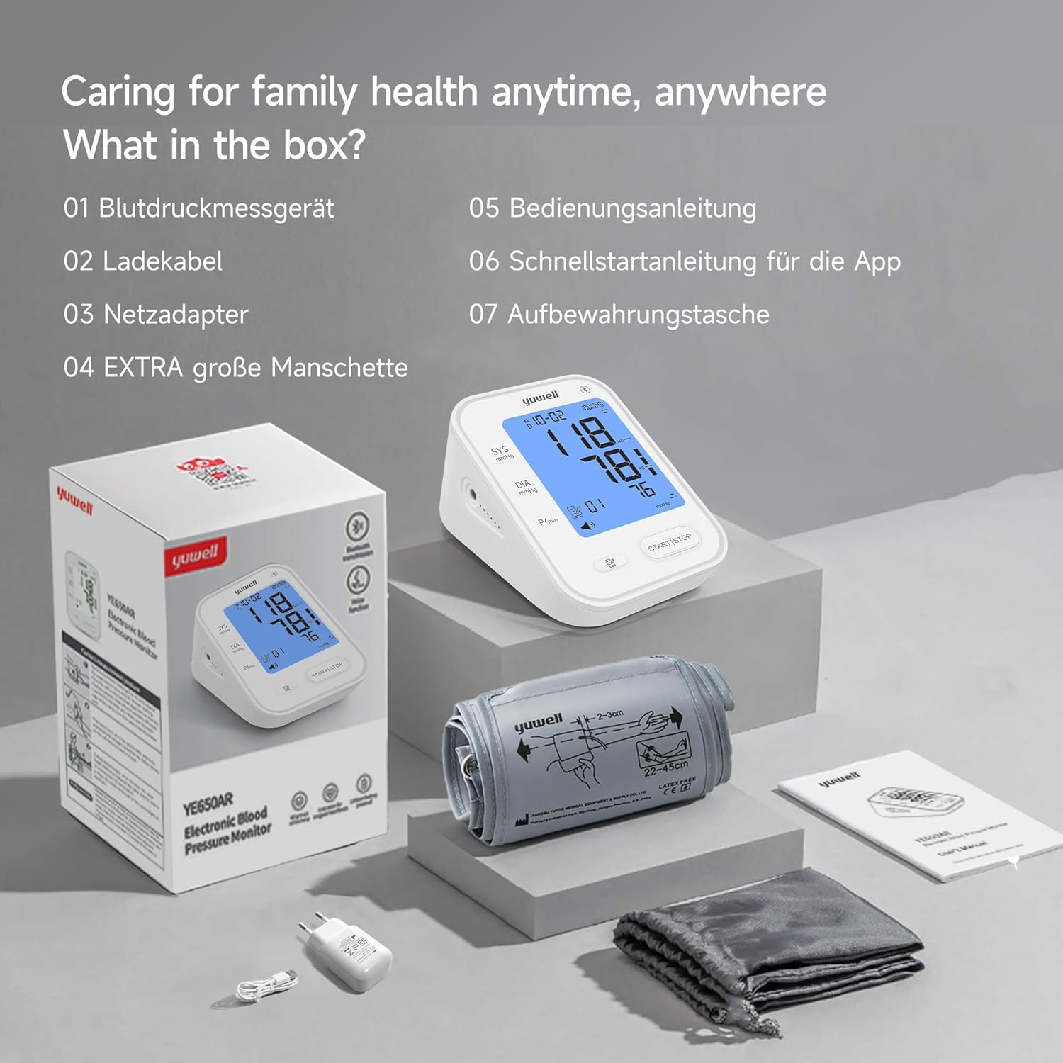 yuwell Intelligentes Oberarm-Blutdruckmessgerät mit Bluetooth, Manschette für 22-45 cm, Sprachübertragung, hintergrundbeleuchtetes Display, wiederaufladbarer Akku, App für iOS & Android (YE650AR) – Bild 8