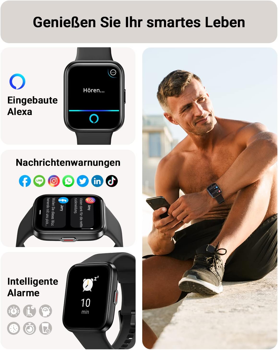 Tensky Smartwatch Herren mit Telefonfunktion 1,85 Zoll Damen Smartwatch Alexa integriert 3ATM, 110+ Sportmodi, Schrittzähler Herzfrequenz Schlaf SpO2 Fitnessuhr 350 mAh für Android iOS – Bild 3