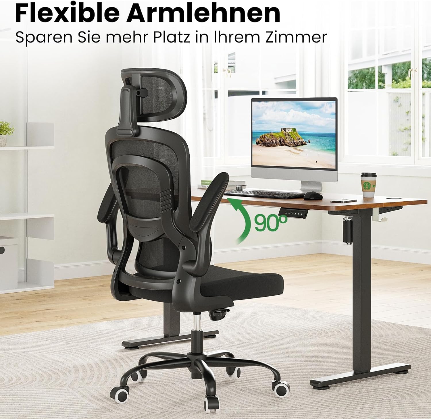 Farini Ergonomischer Stuhl, Büro-Computerstuhl mit Rollen, Schreibtisch für bequemes Heimbüro, höhenverstellbarer Chefsessel, Bürostuhl mit Kopfstütze – Bild 4