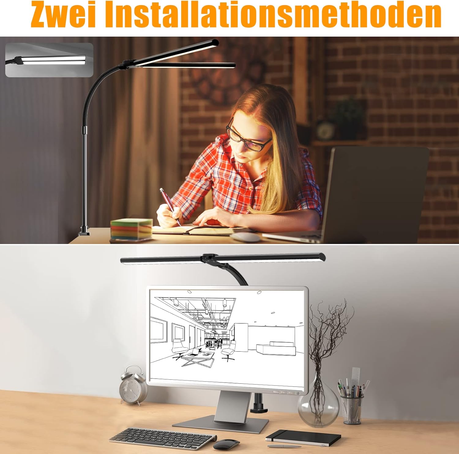 Doppelkopf-Schreibtischlampe LED dimmbar, 24 W 80 cm Schreibtischlampe, klemmbares Heimbüro, Tageslichtlampe Schreibtischlampe, Schwanenhals-Bürotischlampe schwarz, Augenschutz-Monitorlampe – 5 Farbmodi – Bild 8