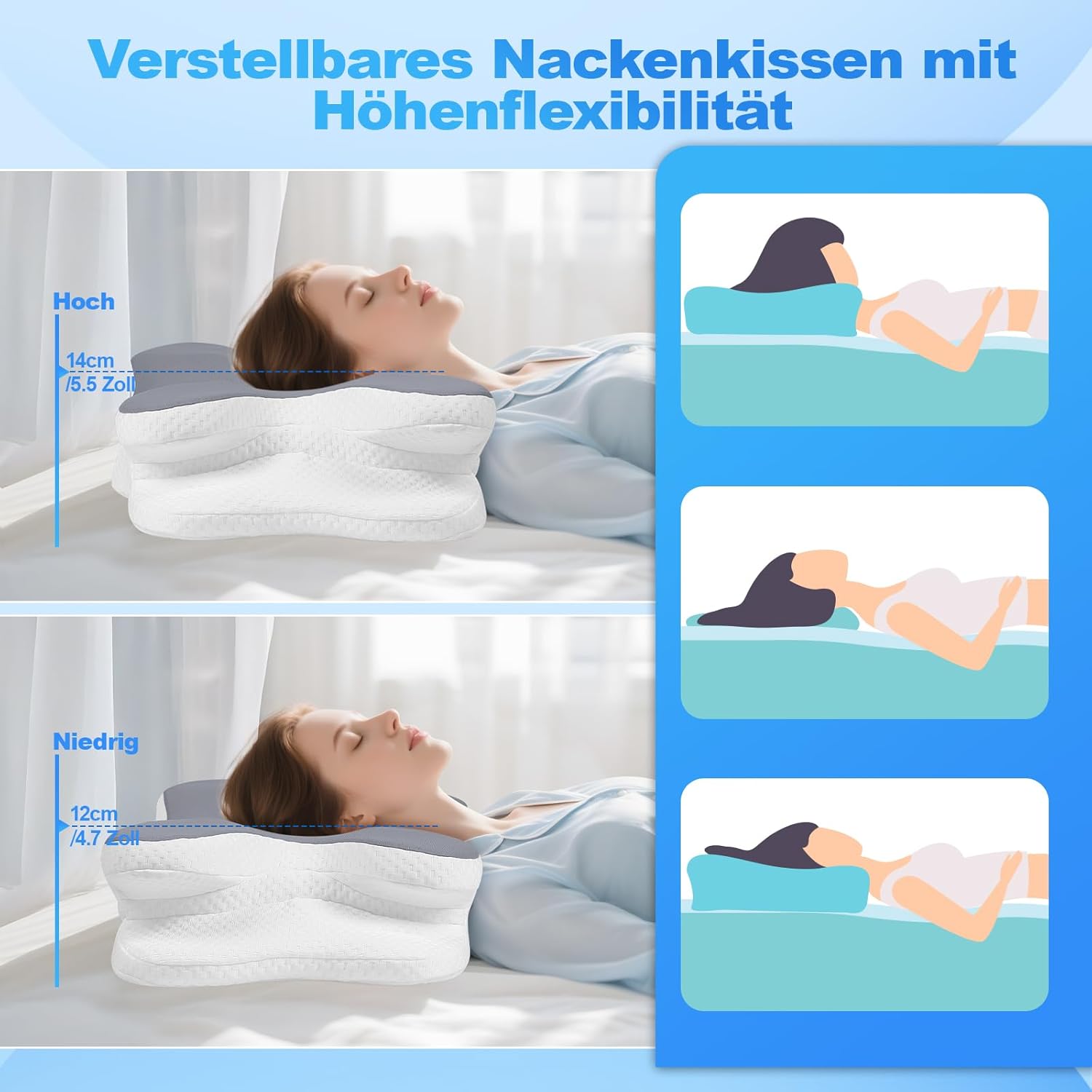 Nackenkissen – Orthopädisches Memory-Schaum-Kissen – ergonomisches Kissen gegen Nackenschmerzen für Seitenschläfer, Rückenschläfer und Bauchschläfer mit Bezug aus Eisseide (dunkelgrau) – Bild 6