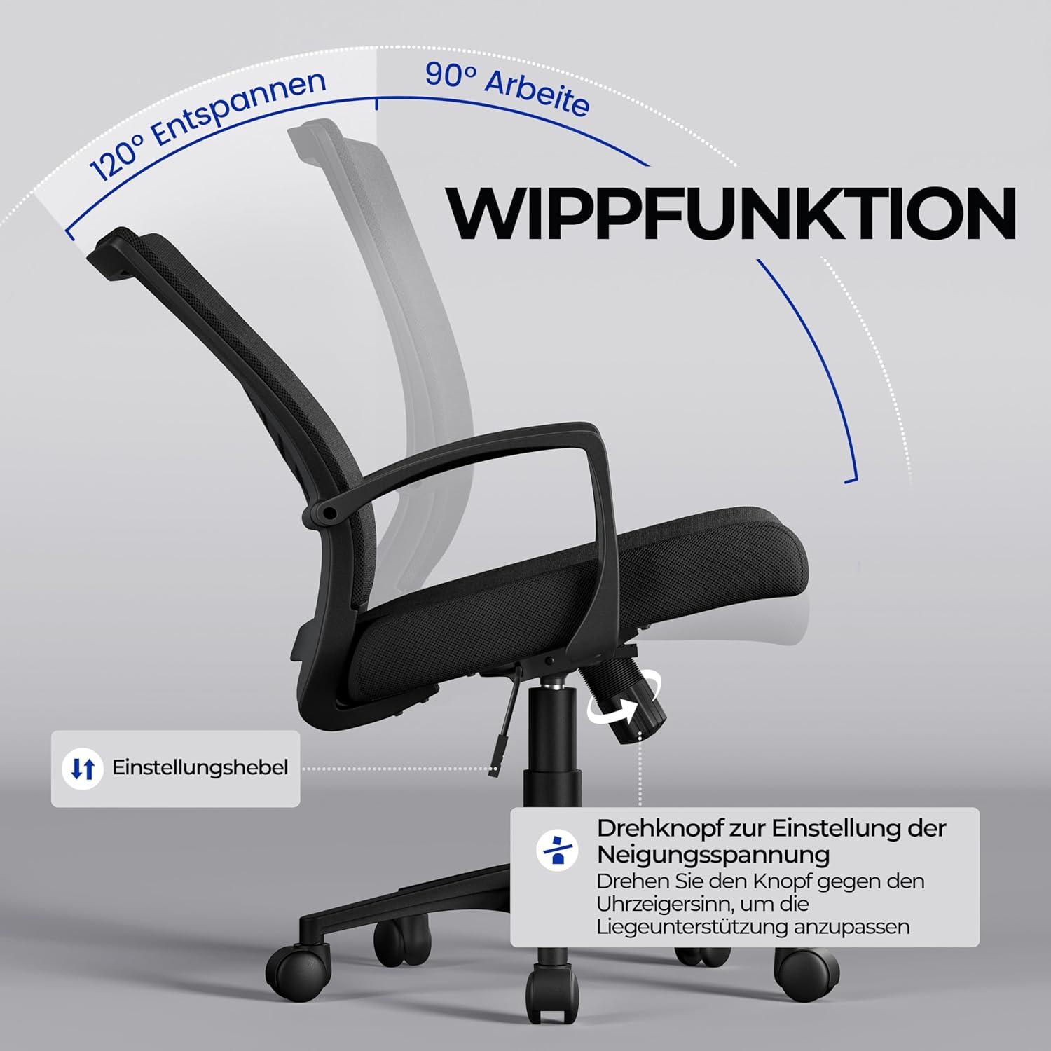 Yaheetech Bürostuhl, ergonomischer Schreibtischstuhl mit Wippfunktion, Drehstuhl mit gepolstertem Sitzkissen, Chefsessel, höhenverstellbar, für Arbeitszimmer/Büro, Schwarz – Bild 8