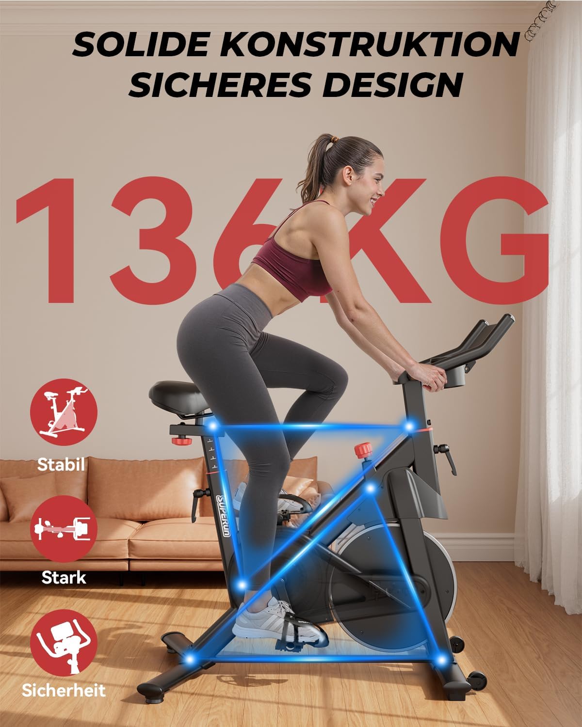 Heimtrainer mit App, Superun Ergometer Spinning Bike Indoor mit einstellbarem Widerstand, magnetischer Widerstand stationär, 15 kg Schwungrad, extrem leise für Cardio-Training zu Hause – Bild 6