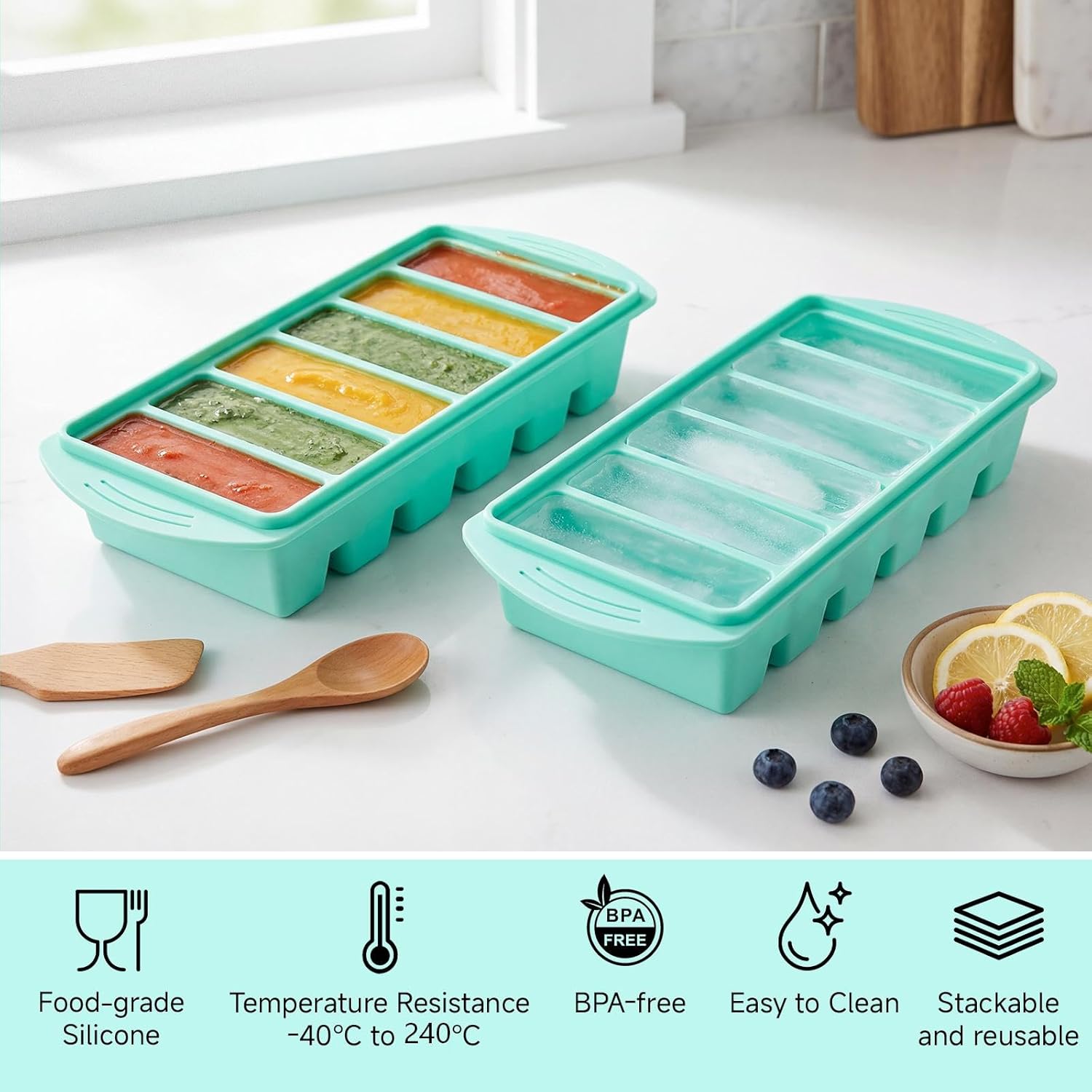 2er-Pack Suppen-Gefrierbehälter, 6 Fächer × 165 ml Suppenwürfel, Silikon-Gefrierbehälter mit Deckel, BPA-frei, Lebensmittel-Suppen-Gefrierschrank, Suppen-Eiswürfelform für Brühe, Soße, Eis (Mintgrün) – Bild 4