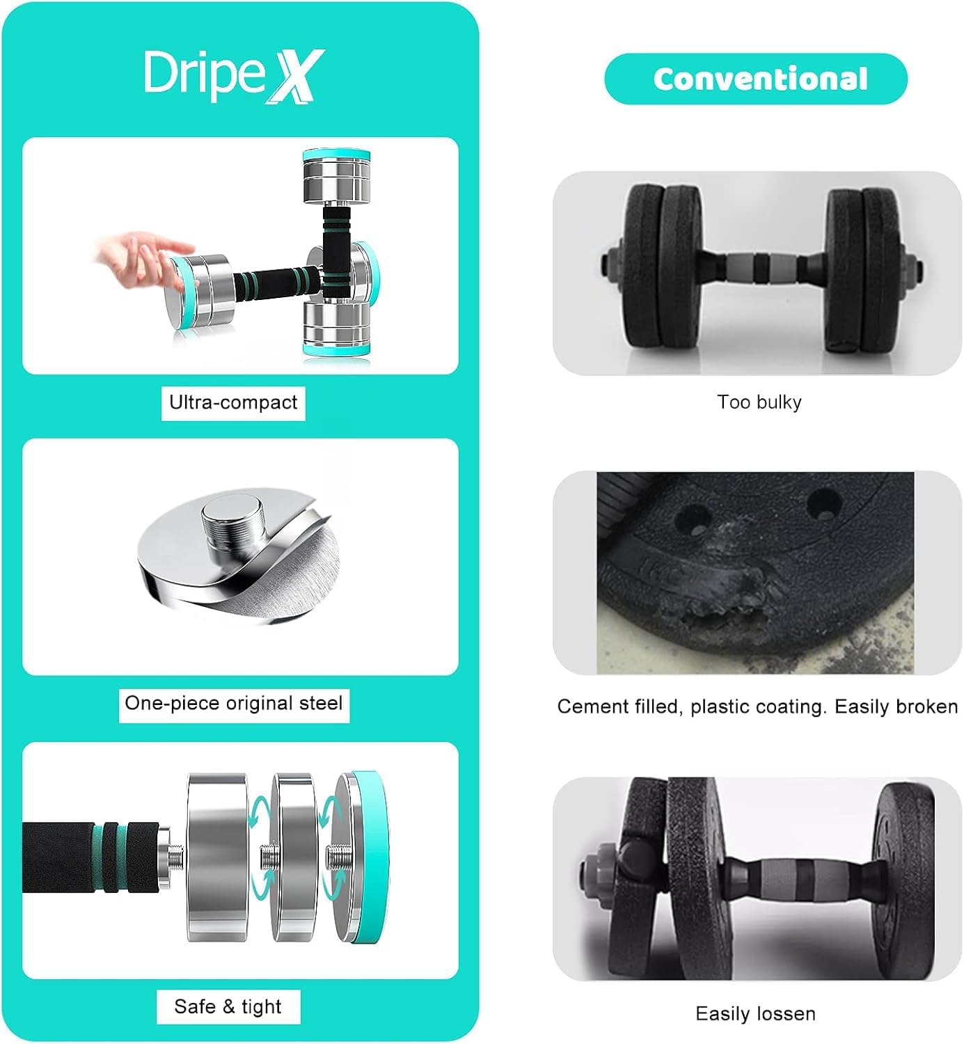 Dripex Kurzhantel-Set, verstellbare Hanteln im 2er-Set oder einzeln aus Stahl, Gewicht einer einzelnen Hantel: 2,5 kg, 5 kg, 7,5 kg, 10 kg, 15 kg, 25 kg, 30 kg, Hanteln für Zuhause – Bild 5