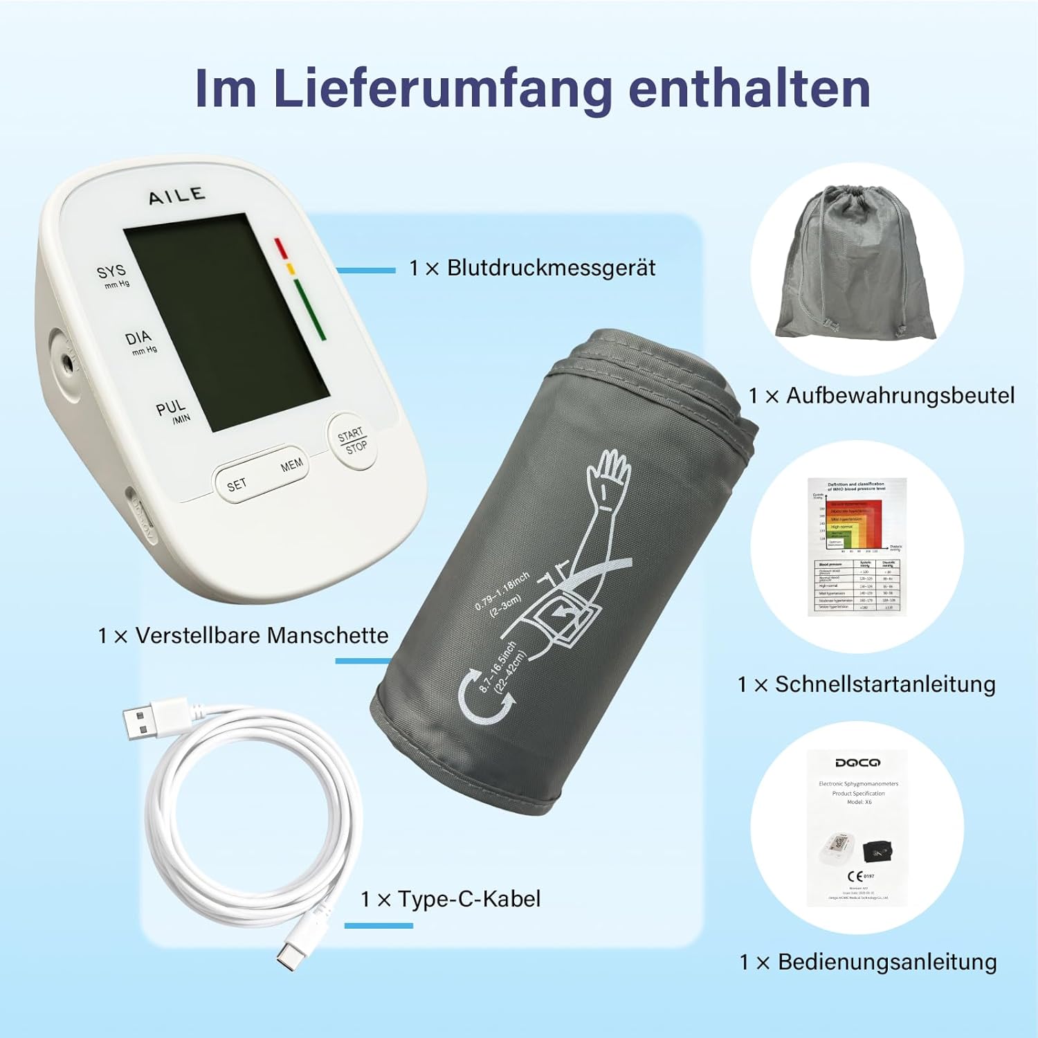 AILE X6 Oberarm-Blutdruckmessgerät (22–42 cm) – Automatisches Oberarm-Blutdruckmessgerät, klinische Präzision ±3 mmHg, 3-farbige Hintergrundbeleuchtung, großes LCD, 2 x 99 Speicher, Arrhythmie-Erkennung – Bild 7