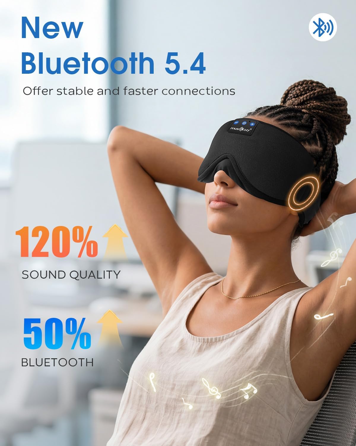 MUSICOZY Schlafkopfhörer, 100 % Verdunkelung, 3D-Schlafmaske mit Kopfhörern zum Schlafen, weiche Schlafkopfhörer mit Bluetooth V5.4 & 16 Stunden Spielzeit für Reisen/Nickerchen/Yoga/Meditation – Bild 6