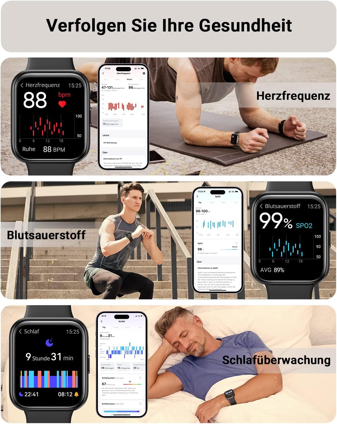 Tensky Smartwatch Herren mit Telefonfunktion 1,85 Zoll Damen Smartwatch Alexa integriert 3ATM, 110+ Sportmodi, Schrittzähler Herzfrequenz Schlaf SpO2 Fitnessuhr 350 mAh für Android iOS – Bild 4