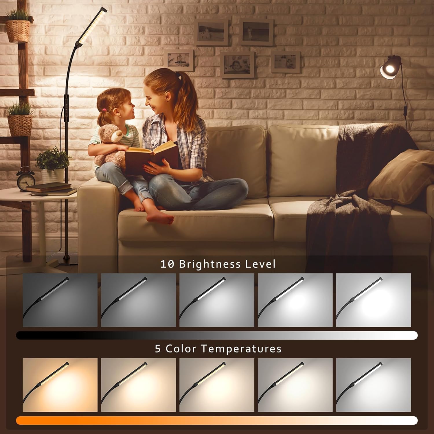 Mojimdo 120 LED Stehlampe, helle Stehlampen für Wohnzimmer, 3 Farbmodi & 10 Helligkeiten, 3000K-6000K Standlicht, Schwanenhals-Leselampe mit Touch-Steuerung für Schlafzimmer, Büro – Bild 2