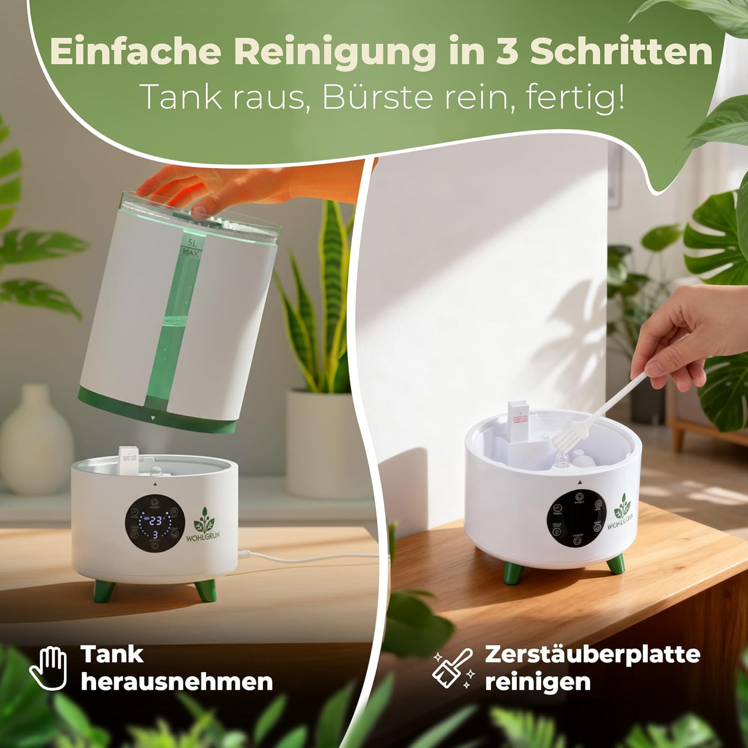 WOHLGRÜN TAU360 Luftbefeuchter 5L – Ultraschall-Luftbefeuchter für Pflanzen & Schlafzimmer, leiser Raumbefeuchter, Hygrometer-Sensor, Wachstumszelt, bis zu 30 m² – Bild 8