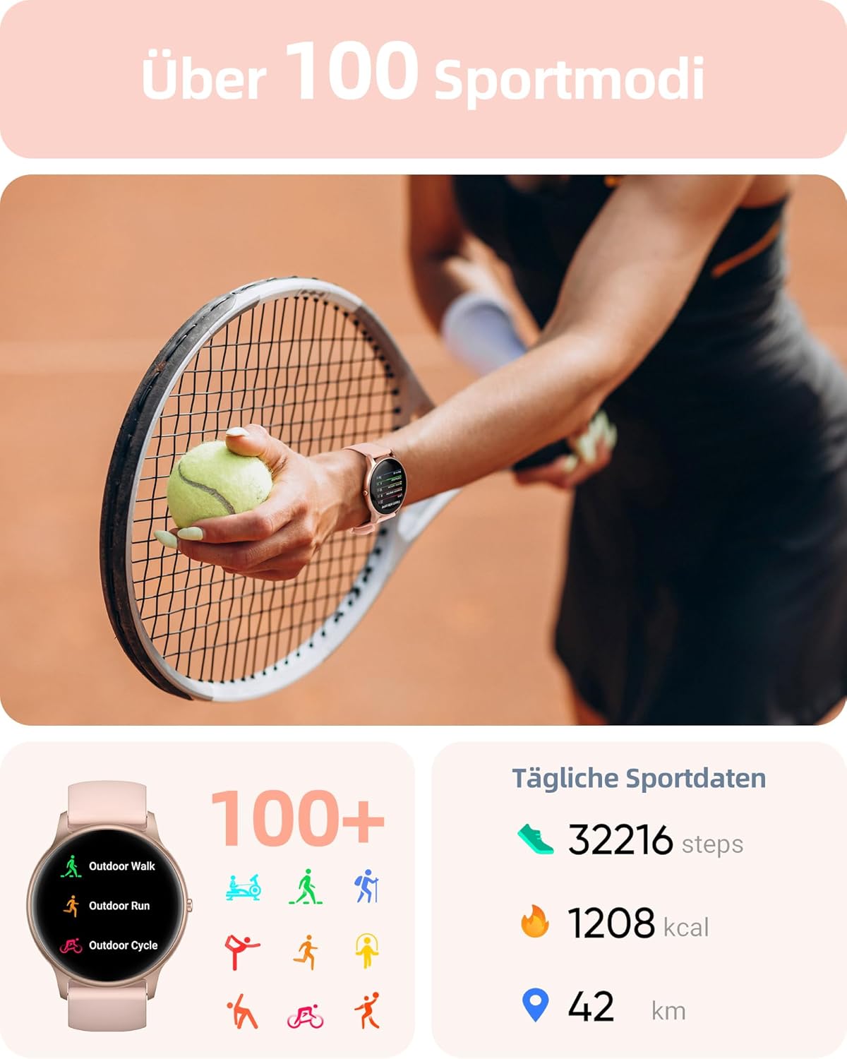 Parsonver Damen Runde Smartwatch mit Telefonfunktion, leichte Fitnessuhr Damen mit Schrittzähler, 100+ Sportmodi, IP68 wasserdicht, Sportuhr Damen mit Herzfrequenz-Schlafmonitor, SpO2, Roségold, SPROD1 – Bild 4